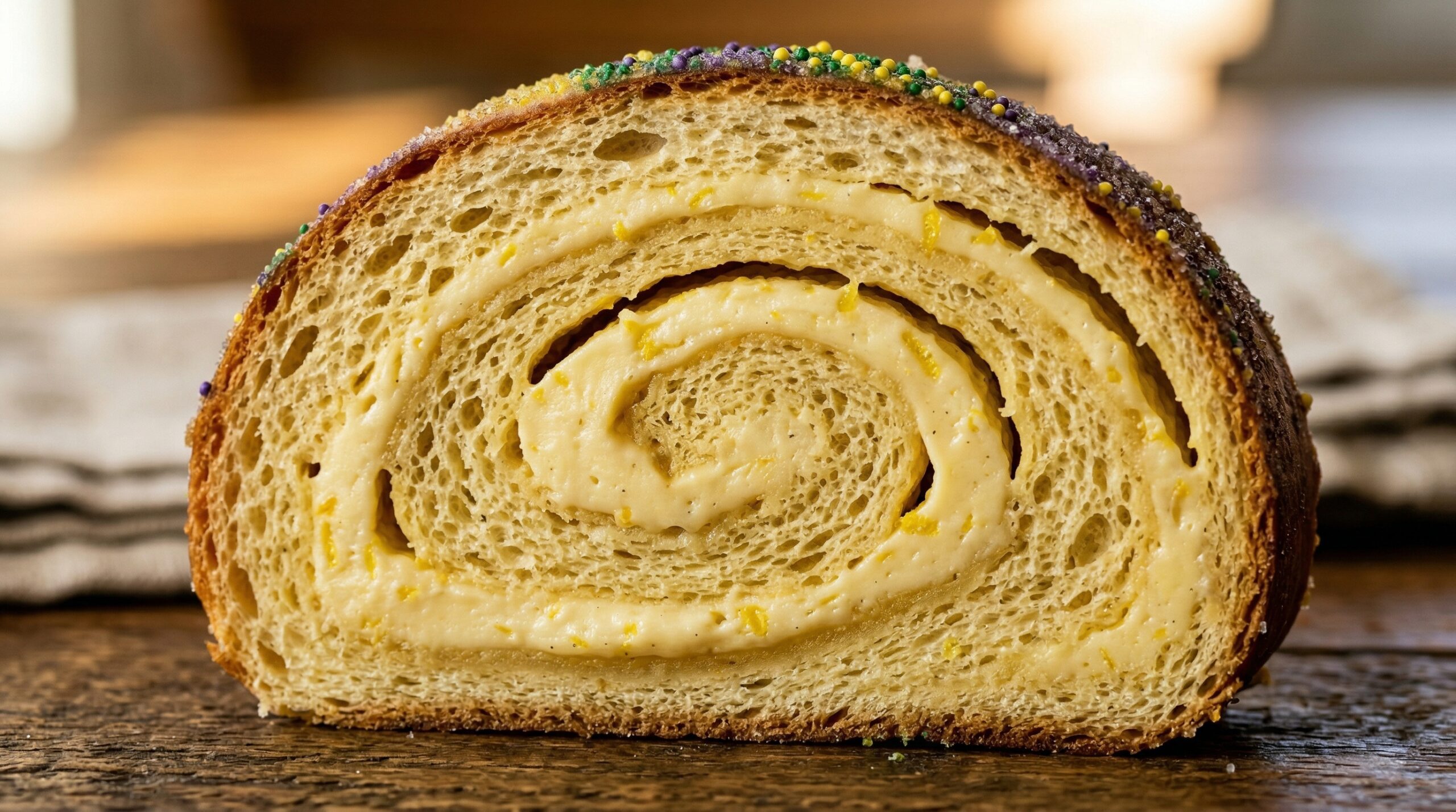 Macro detail of a slice of Mardi Gras Bread revealing the symmetrical cream cheese spiral