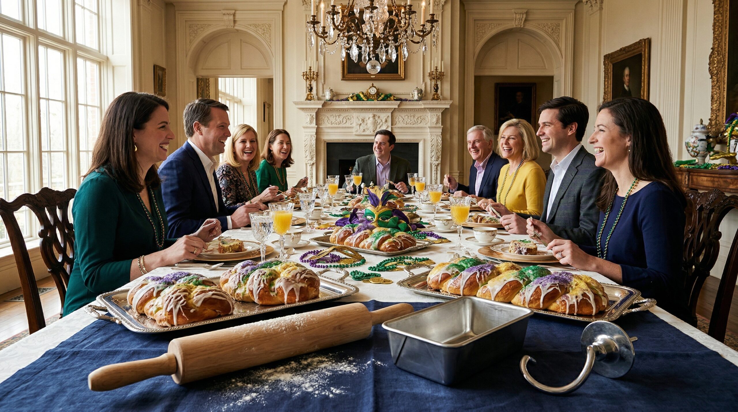 Celebratory Mardi Gras breakfast for eight featuring loaves of glazed bread and crystal juice glasses