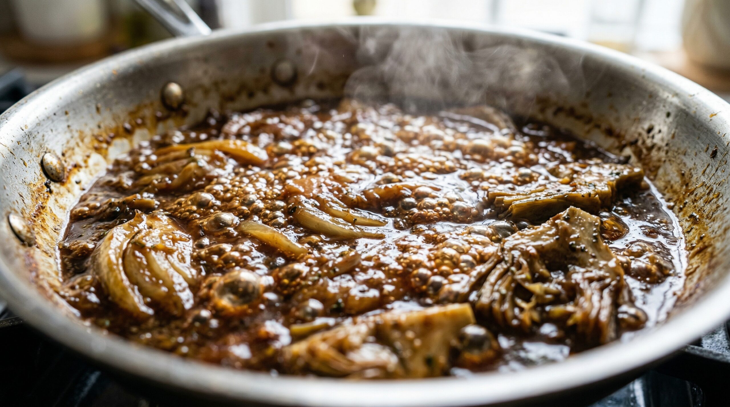 Macro detail of a dark amber sauce made of Marsala wine, chicken broth, and truffle mustard actively bubbling and reducing over soft fennel and artichokes