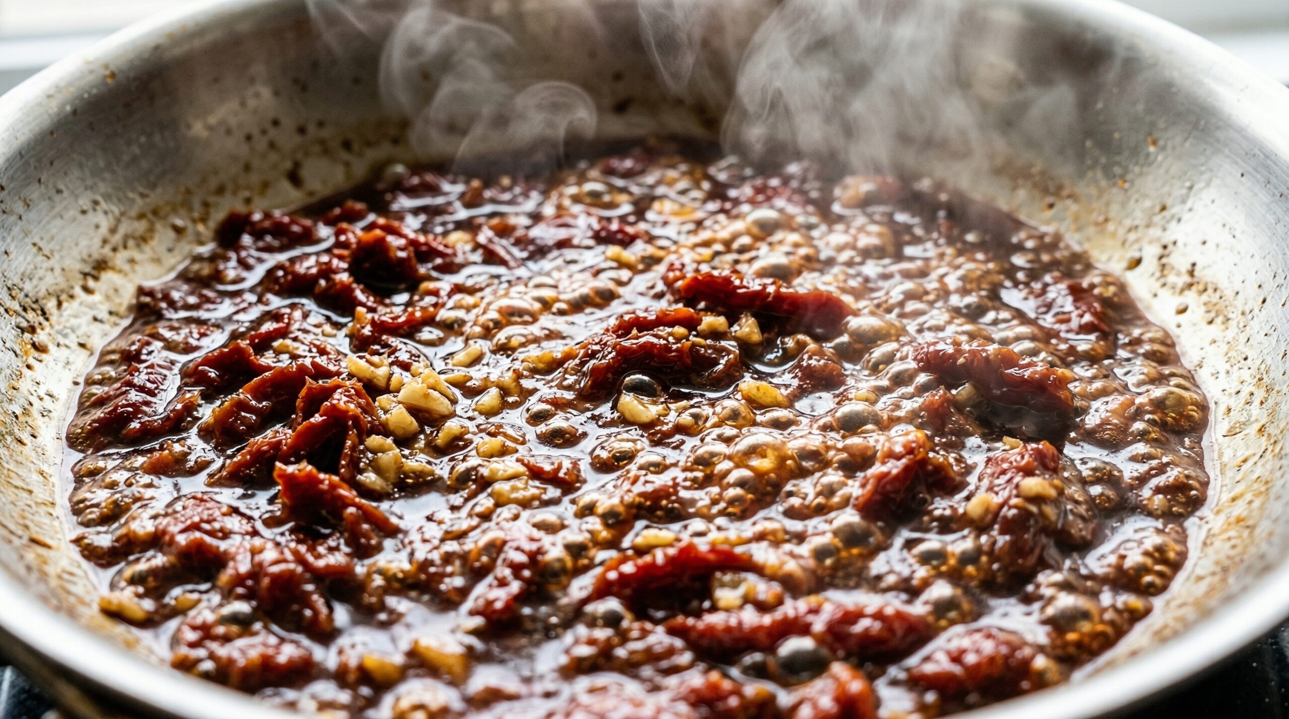 Macro detail of chopped sun-dried tomatoes and minced garlic actively bubbling and reducing in a rich pool of Marsala wine and melted butter