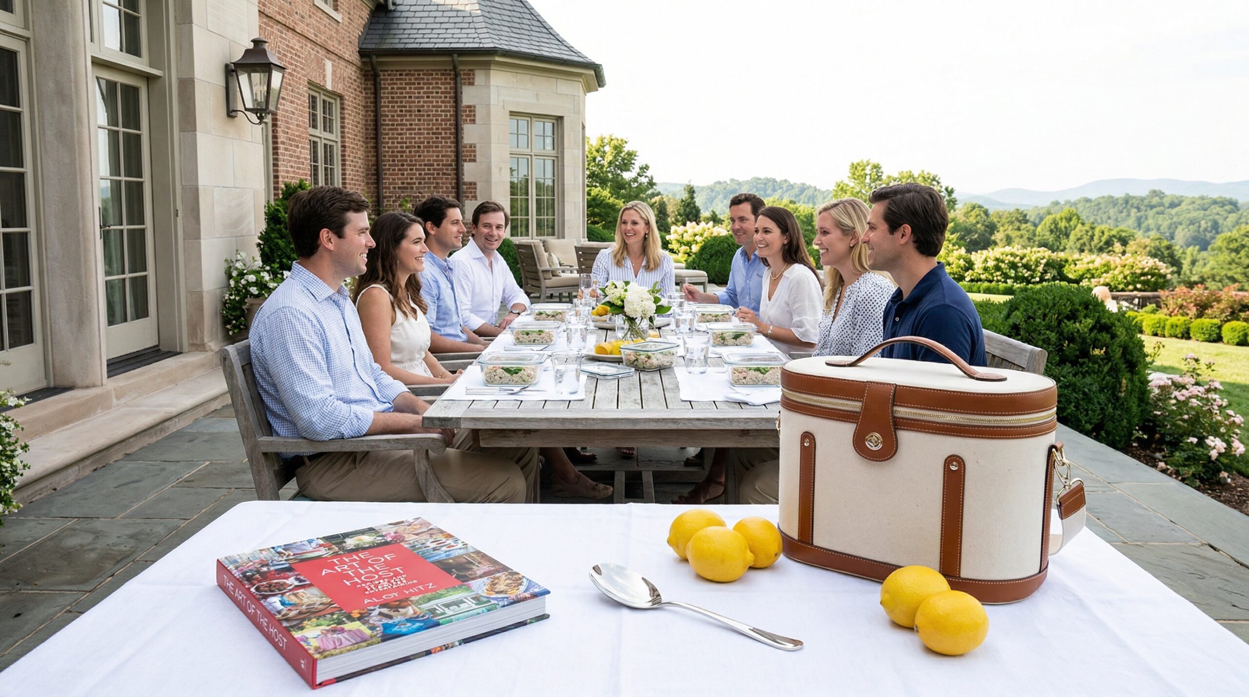 Sun-drenched estate terrace lunch for eight featuring individual glass containers of Mediterranean tuna salad