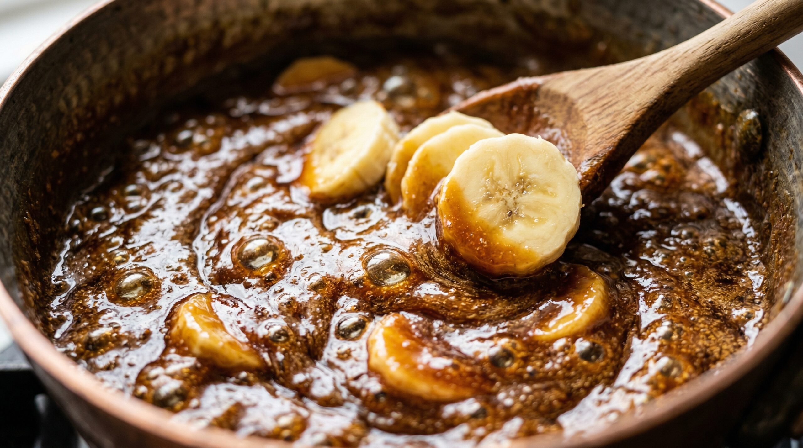 Macro detail of cream cheese, condensed milk, and dark molasses actively melting into a thick, caramelized cream over fresh banana rounds in a copper saucepan