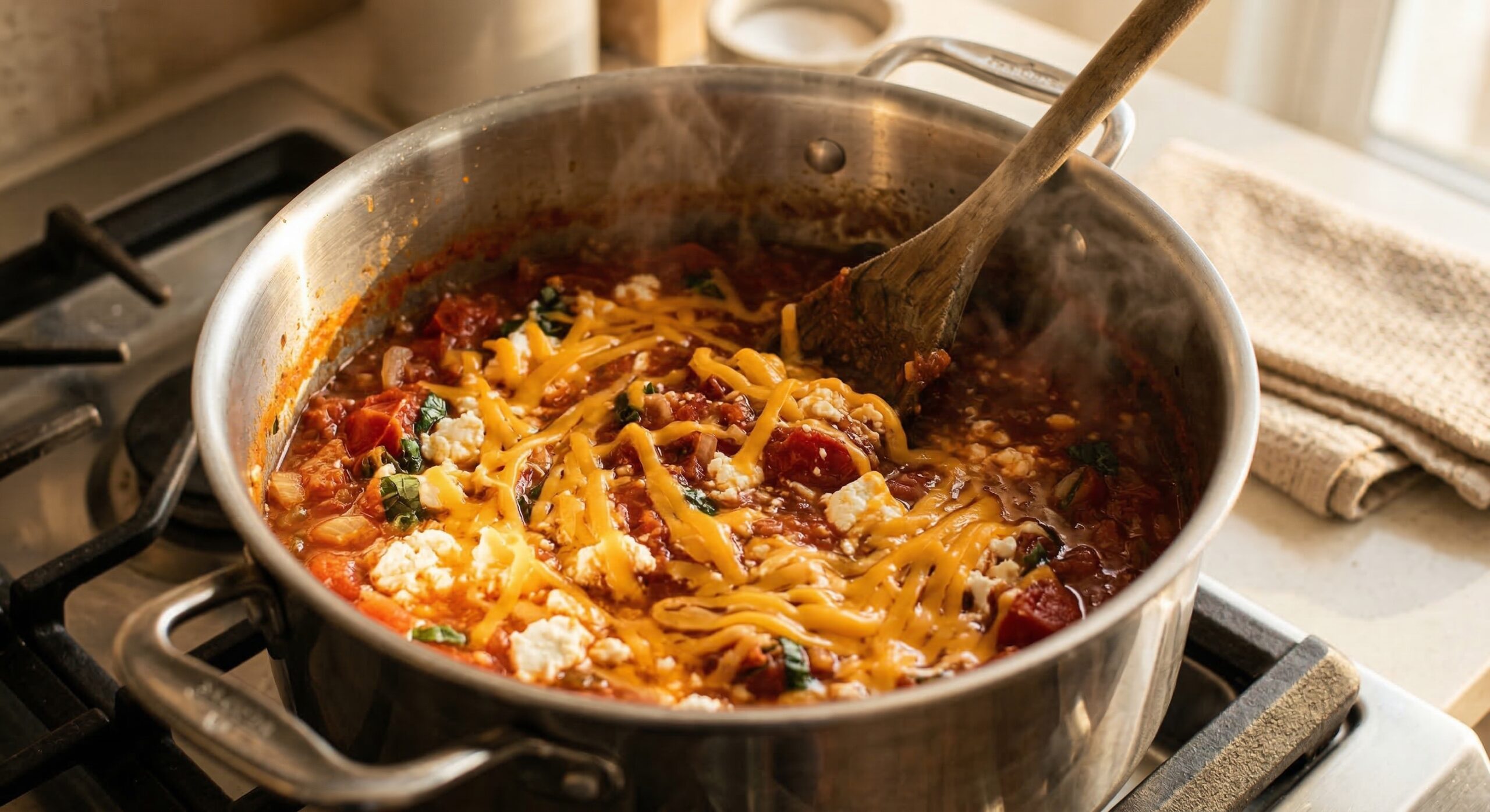 Sharp cheddar and feta cheese melting into a simmering tomato soup base