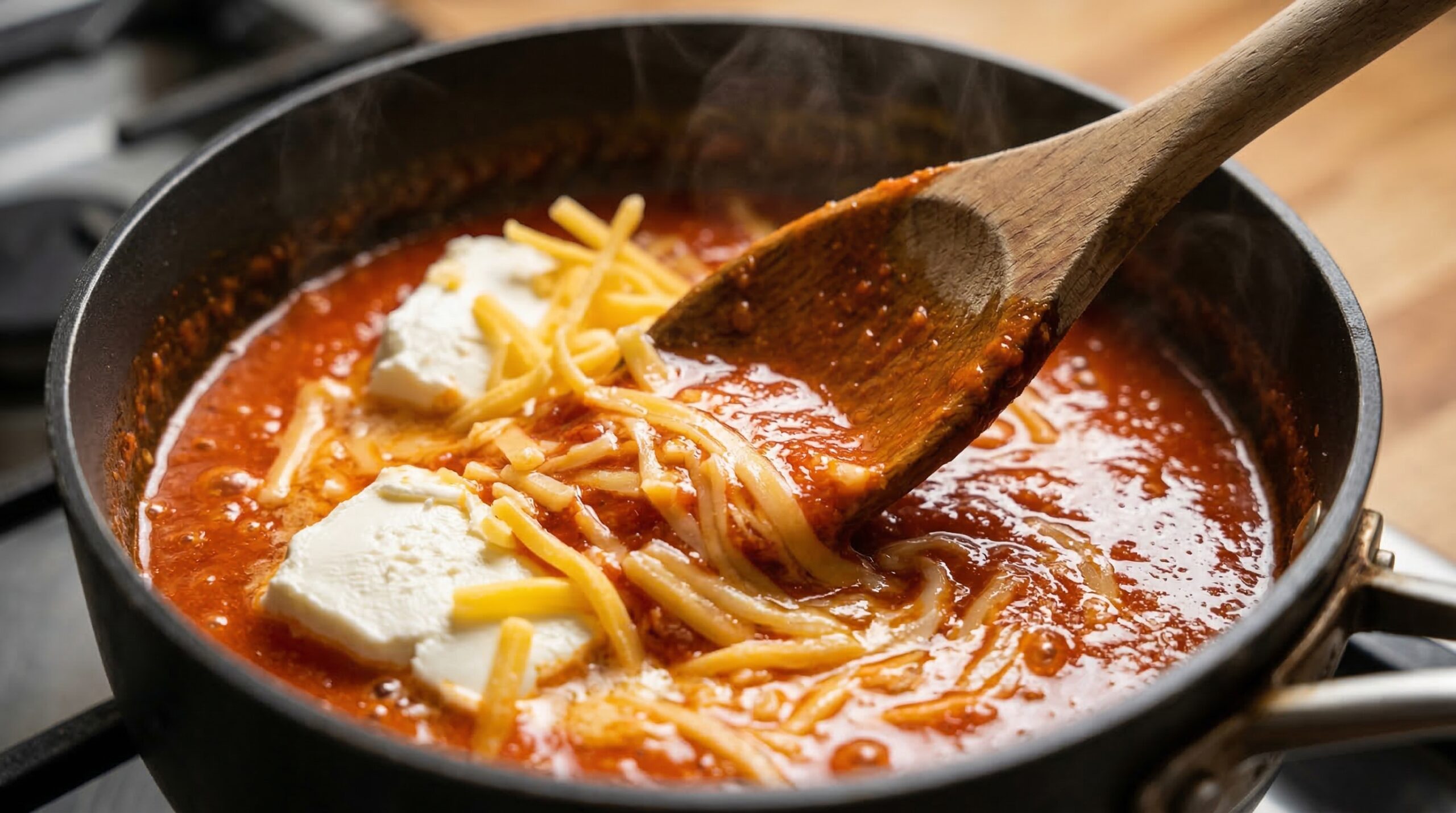 Folding cream cheese and sharp cheddar into a vibrant red hot sauce emulsion