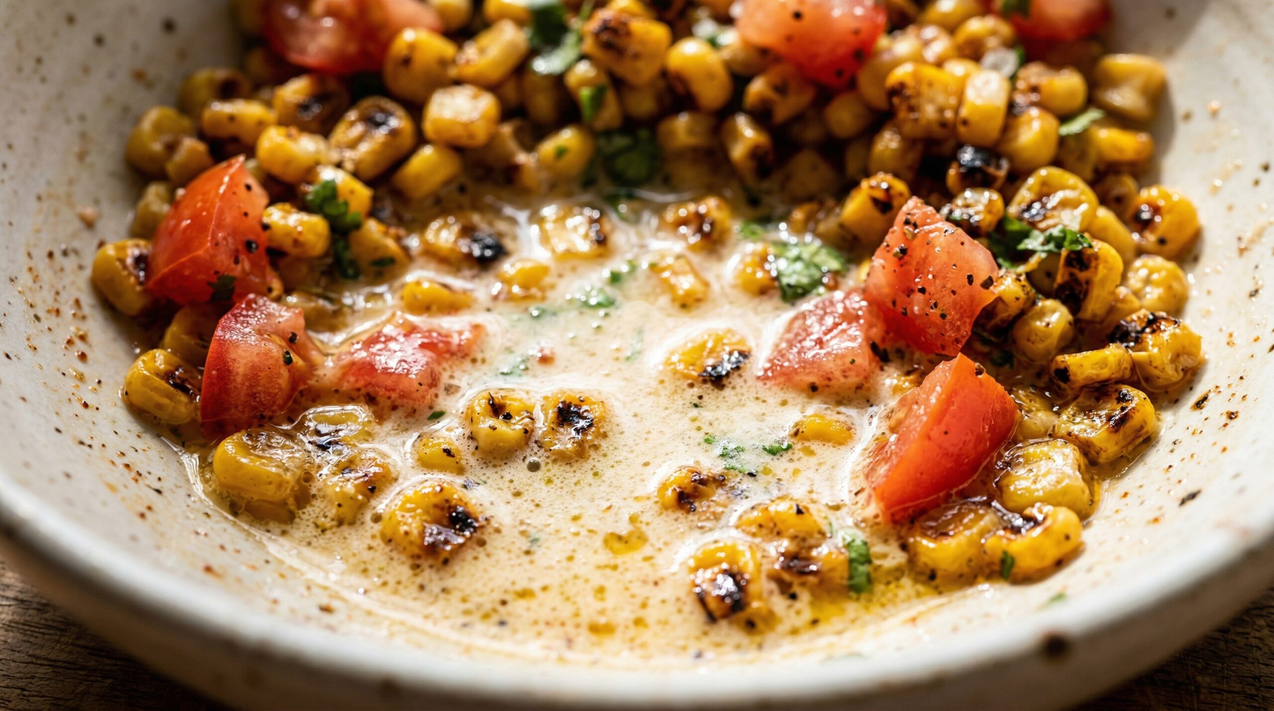 Macro detail of charred corn kernels in a creamy lime and sour cream emulsion