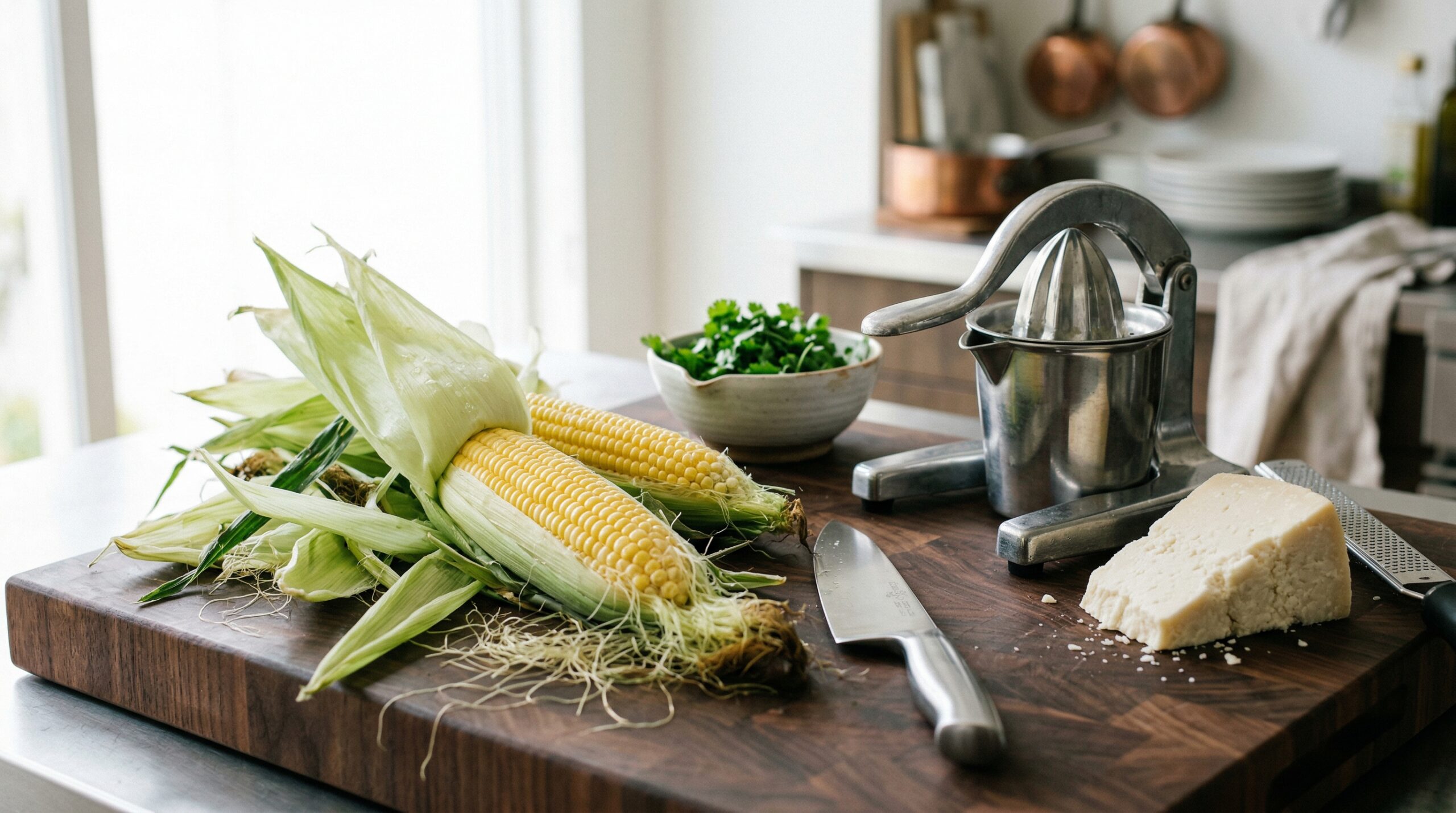 Technical preparation of fresh corn shucked from the cob next to a professional citrus juicer