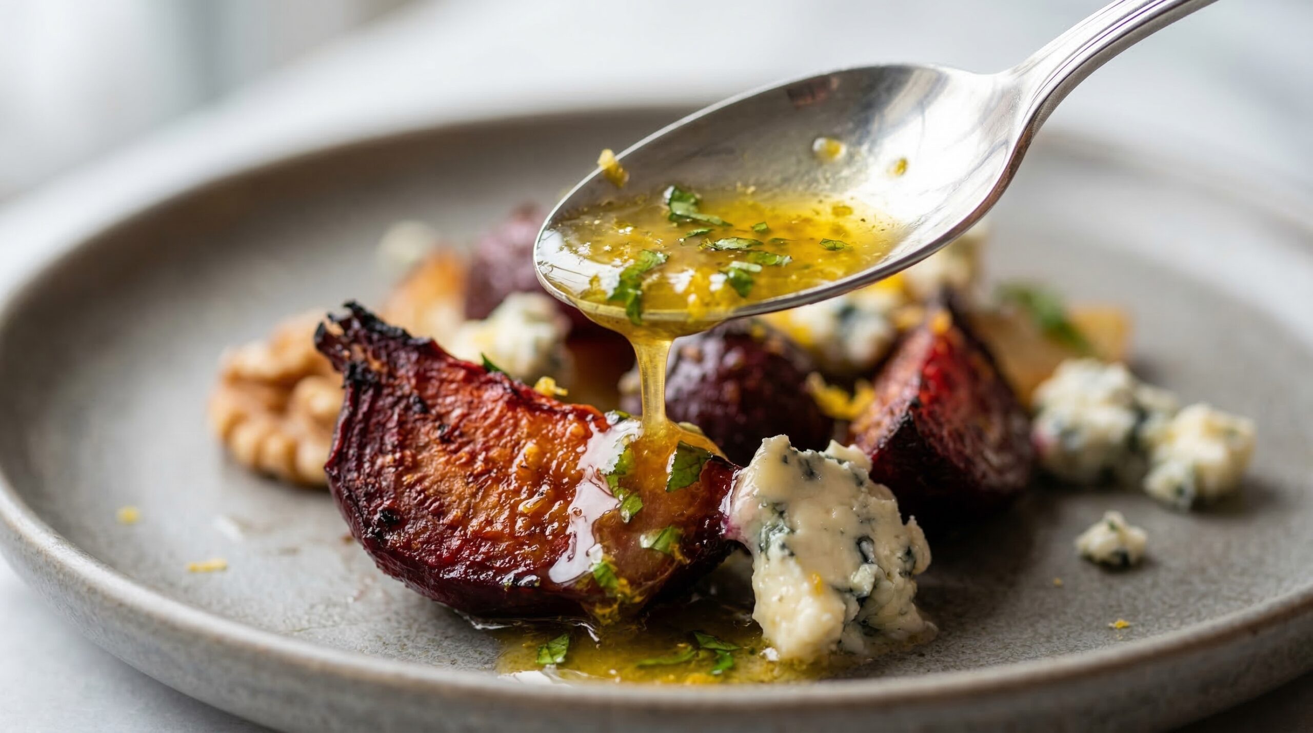 Meyer lemon vinaigrette being drizzled over roasted beets with a silver spoon