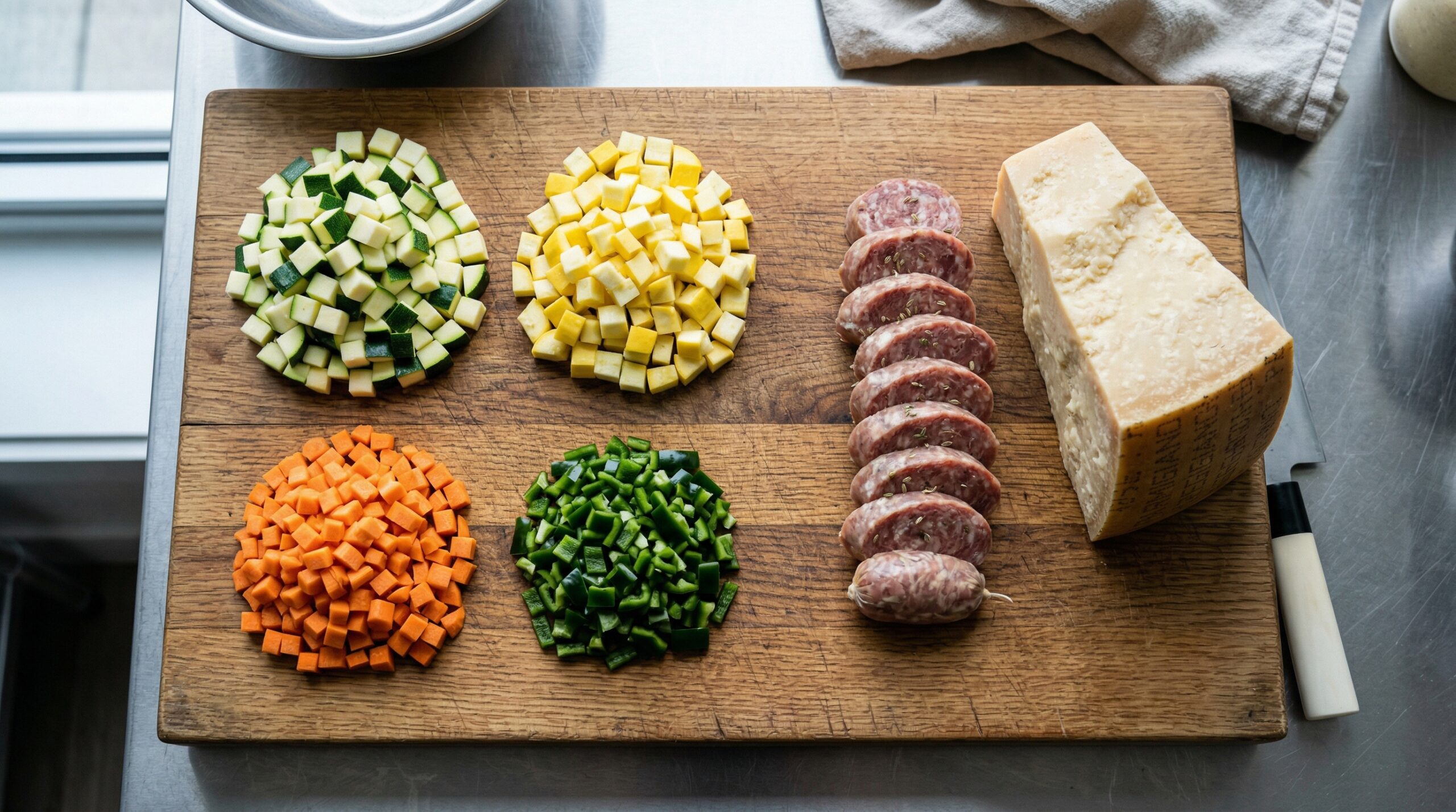 Diced vibrant green zucchini, yellow squash, peeled carrots, and poblano peppers resting beside thick slices of raw Italian sausage and a wedge of aged Parmesan cheese