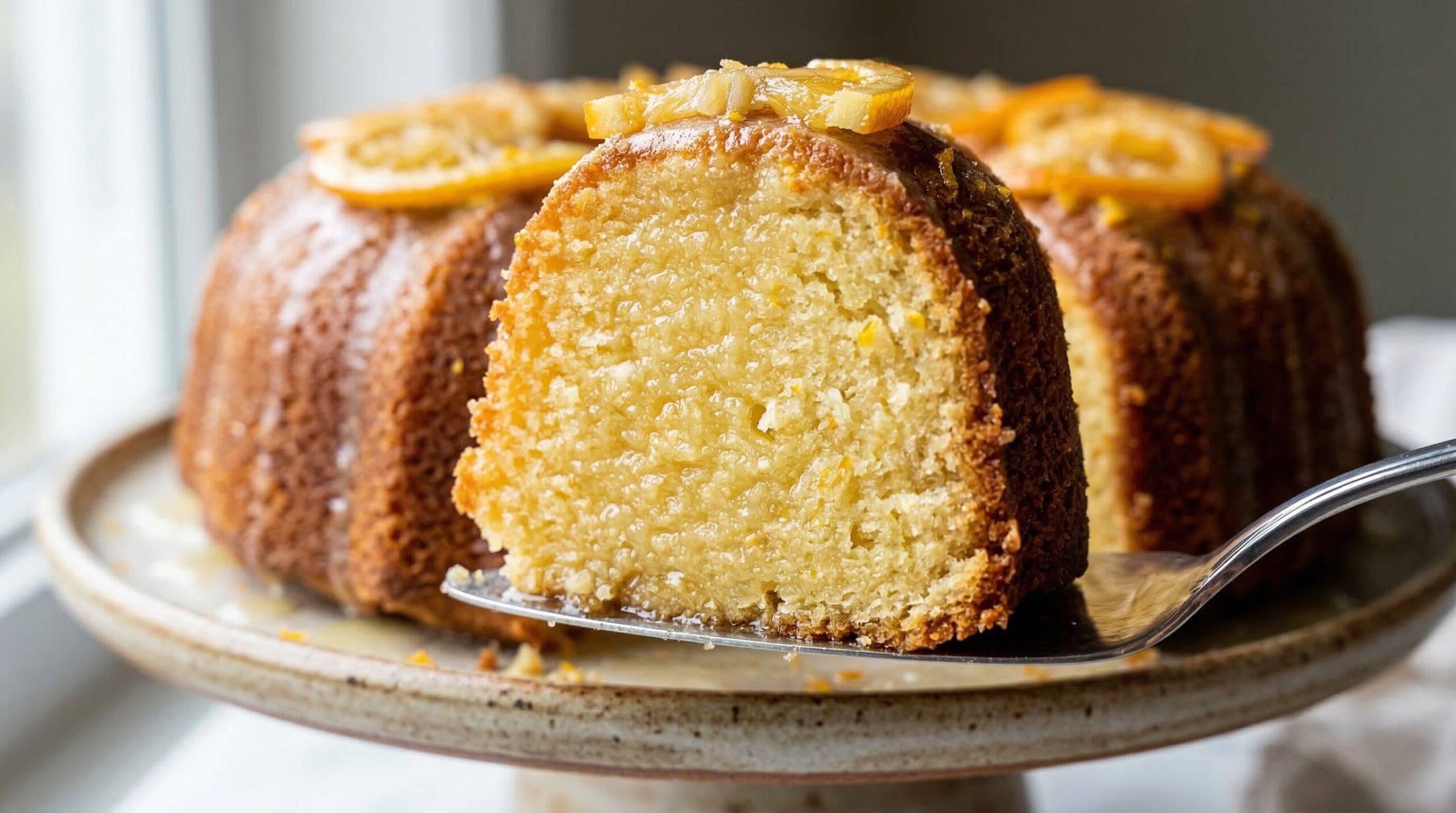 Macro detail of a silver cake server lifting a thick, moist slice of syrup-soaked citrus cake