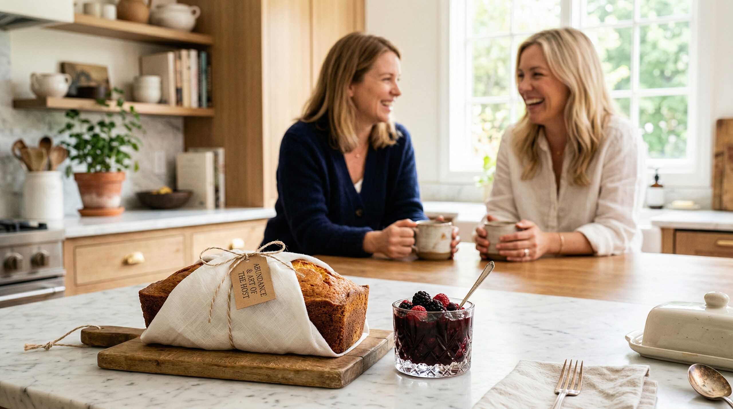 A golden baked loaf wrapped in a white linen towel and a crystal jar of fresh jam in sharp focus, with a softly blurred morning kitchen gathering in the background