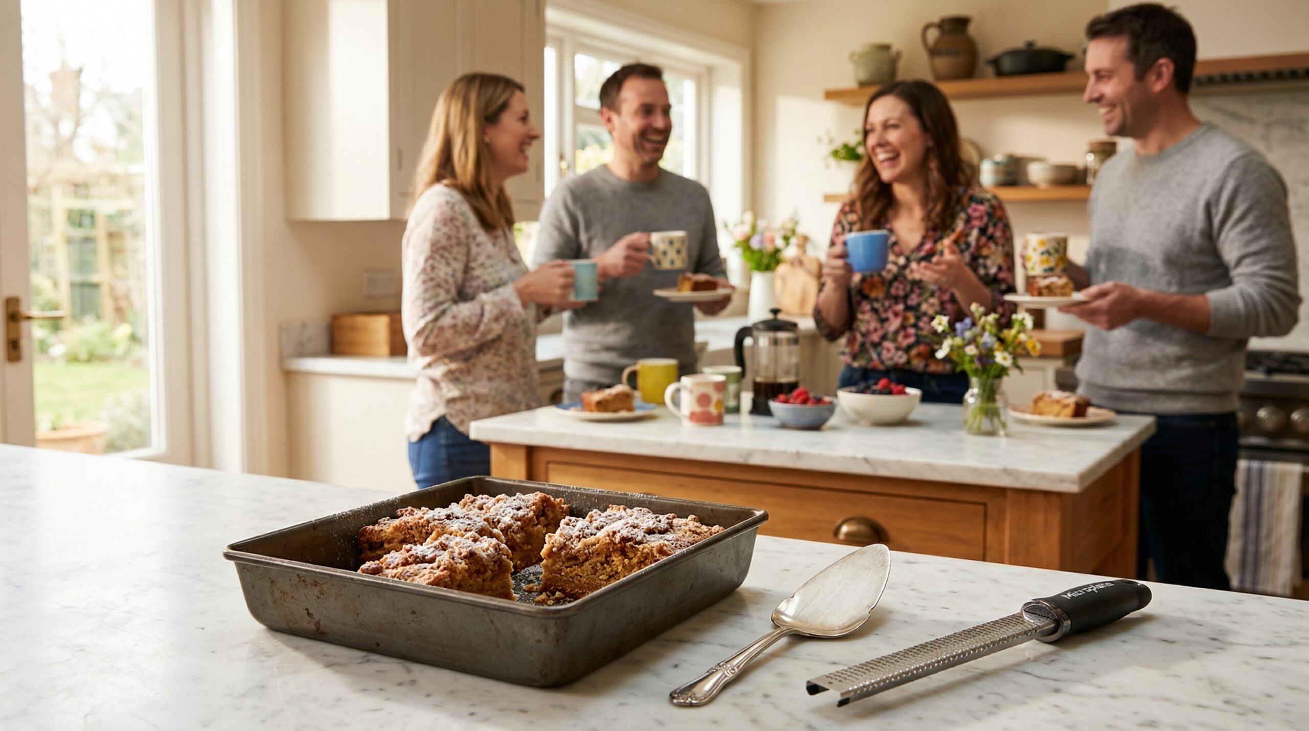 A 9-inch square metal baking pan and silver pastry server in sharp focus in the foreground, with a softly blurred morning kitchen gathering in the background