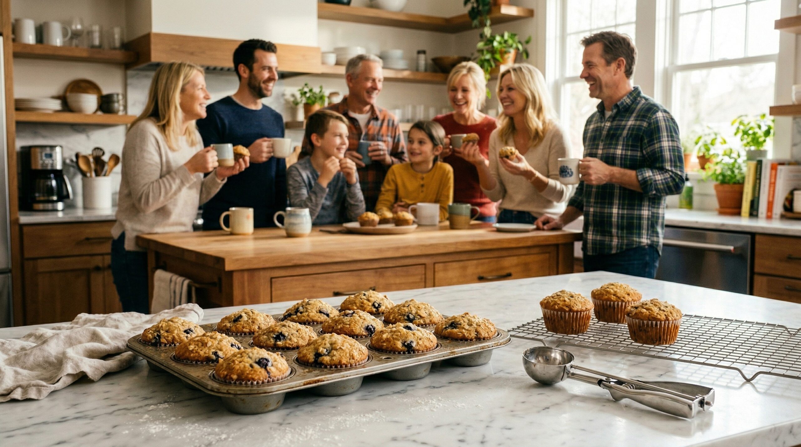 A metal muffin tin, stainless steel ice cream scoop, and wire cooling rack in sharp focus in the foreground, with a sunlit morning kitchen gathering blurred in the background