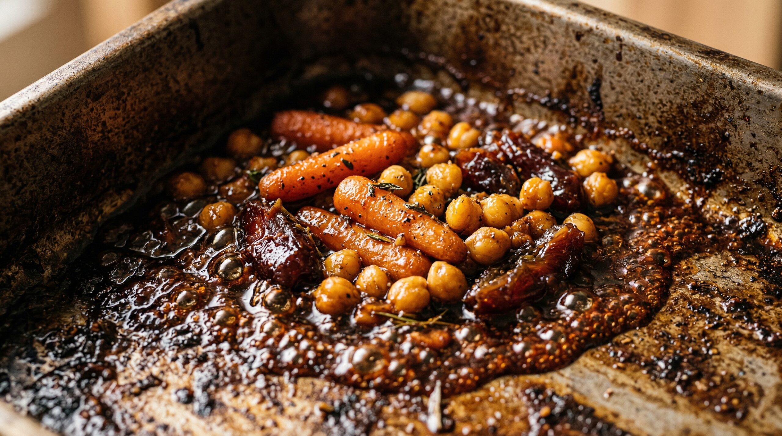 Macro detail of syrupy pan juices bubbling around tender baby carrots and Medjool dates