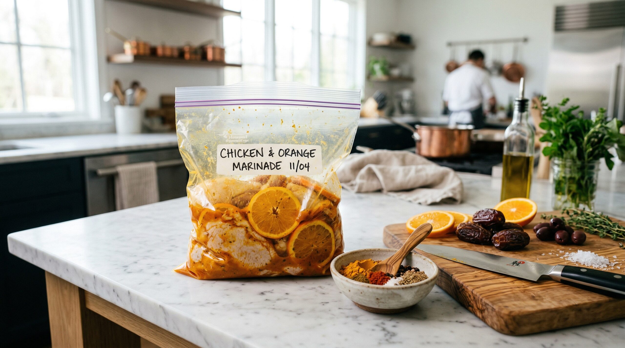 Technical spice marination of raw chicken thighs and thin orange slices on marble