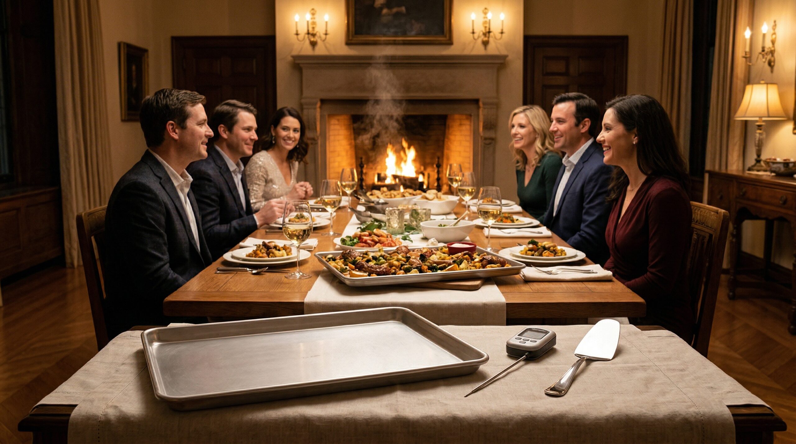 Abundant Moroccan sheet pan dinner service for eight with crystal wine glasses at dusk