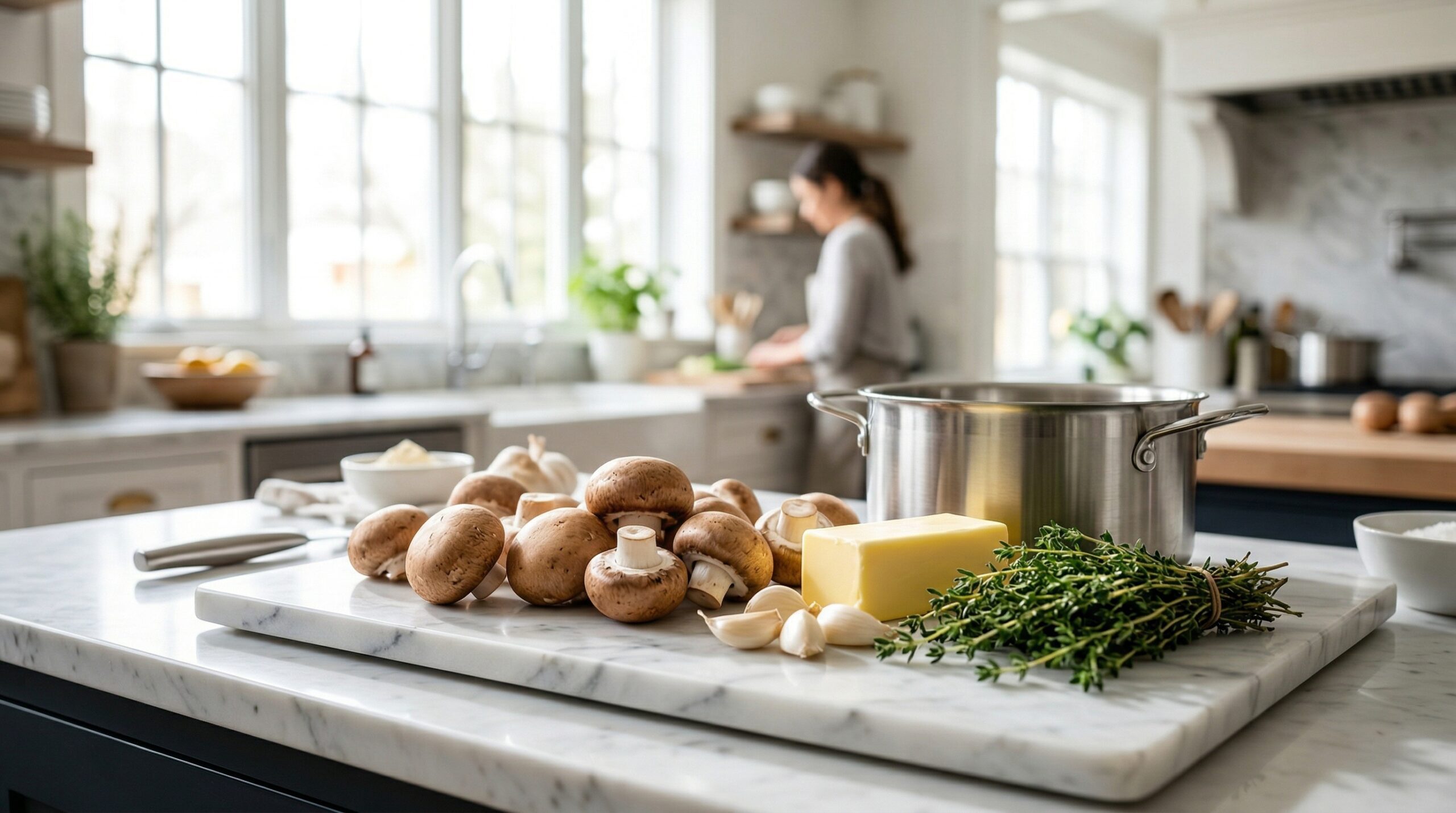 Technical preparation of Bella and Cremini mushrooms with fresh thyme and aged Parmesan on marble