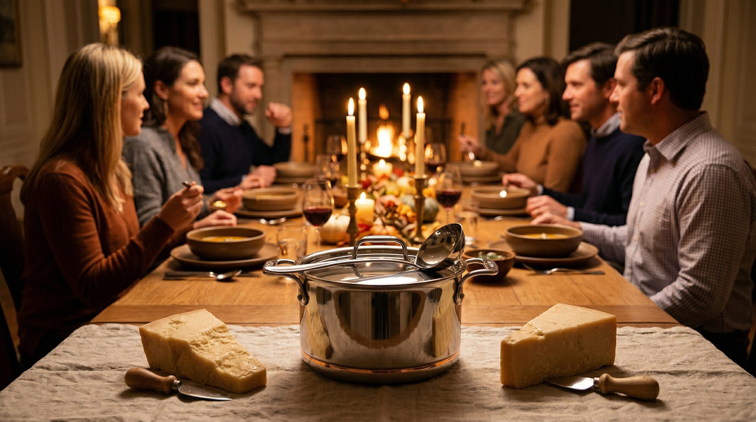 Cozy autumn estate dinner for eight featuring deep ceramic bowls of mushroom soup and warm candlelight