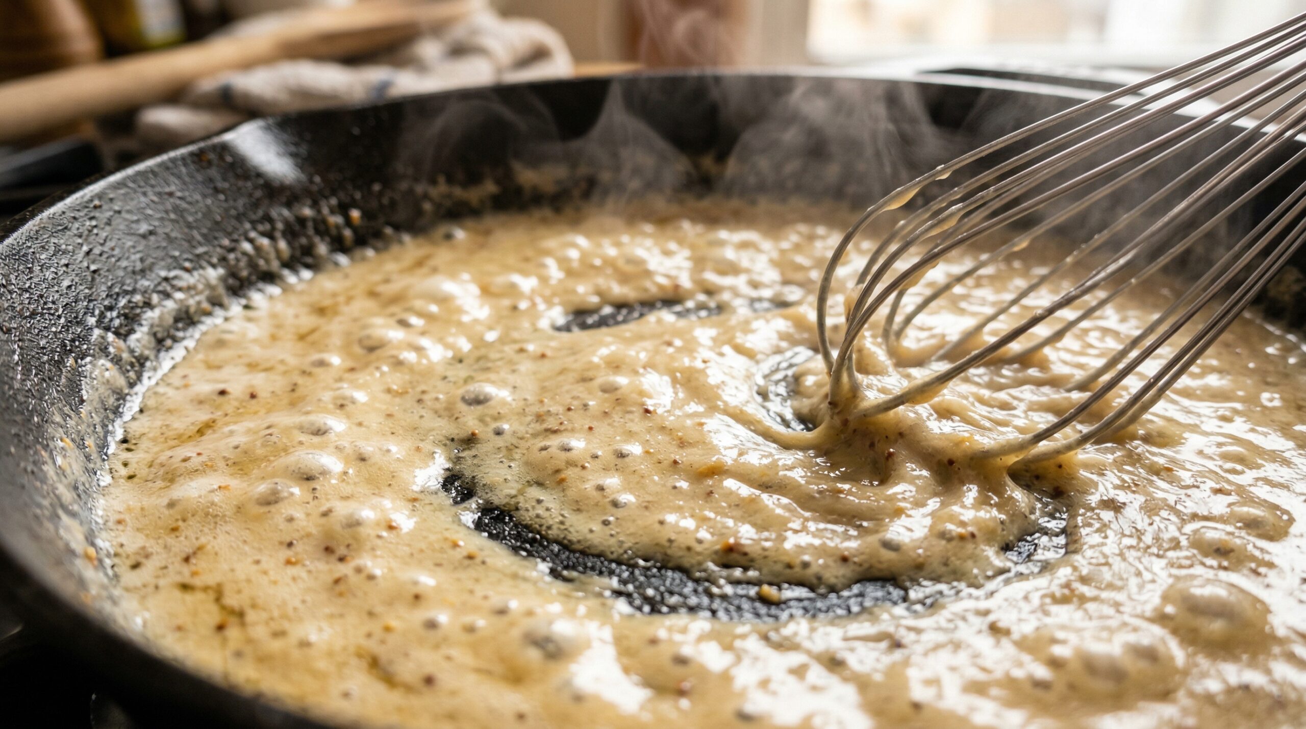 Macro detail of a pale golden roux actively bubbling and thickening into a rich cream gravy with white wine and Dijon mustard inside a heavy cast-iron skillet