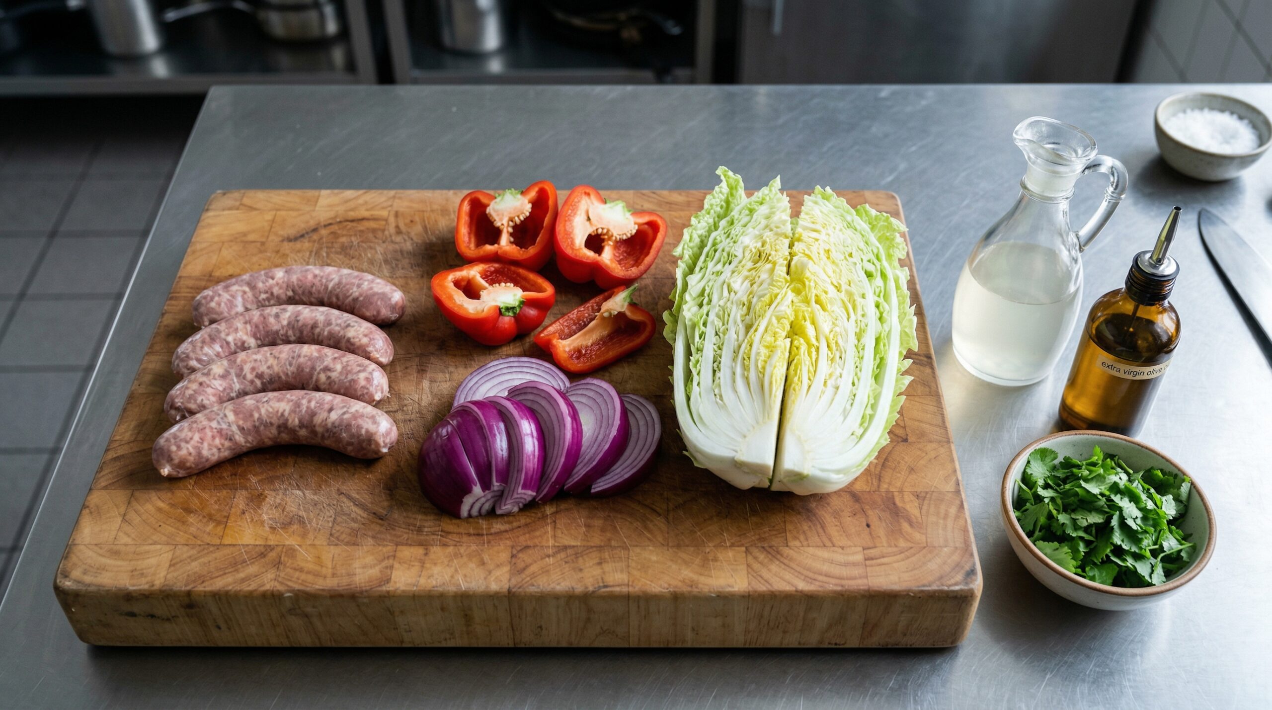 Plump raw bratwurst sausages resting next to vibrant red bell pepper quarters, thick slices of red onion, and a quartered head of crisp Napa cabbage
