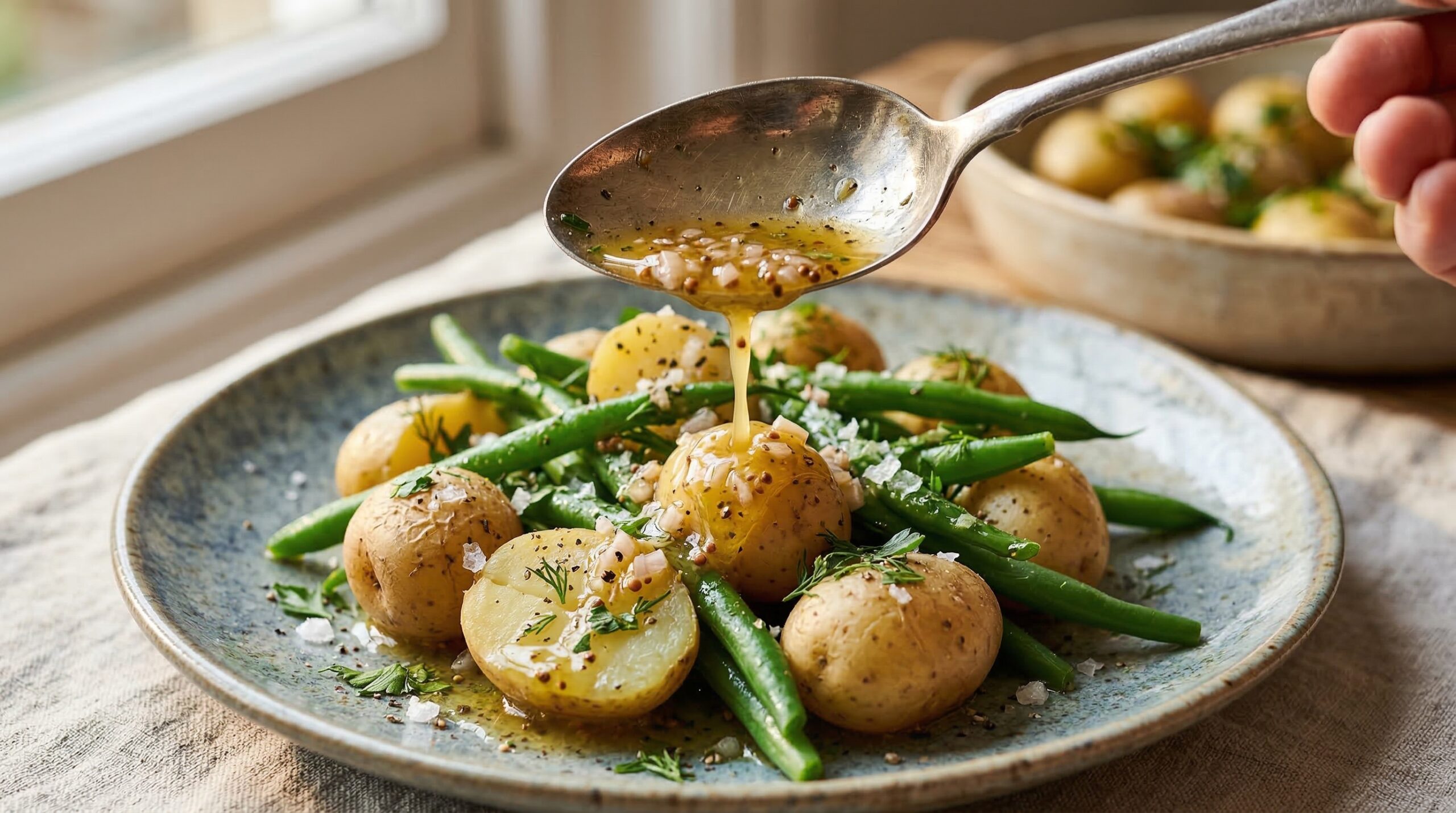 Close-up of a silver spoon drizzling a sharp shallot vinaigrette over tender baby potatoes and crisp haricots verts