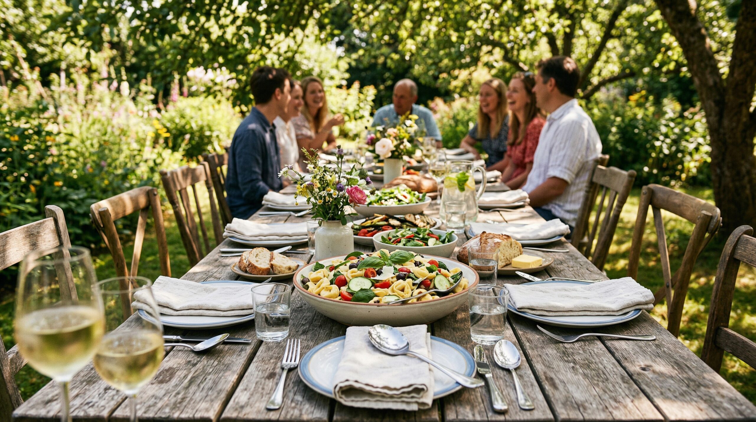 A rustic wooden picnic table elegantly set for an outdoor summer luncheon featuring a large bowl of tortellini pasta salad