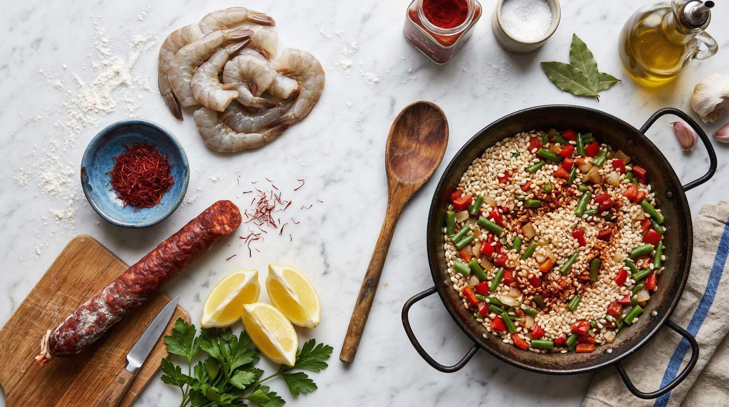 Paella ingredients including saffron threads, fresh raw shrimp, chorizo, and lemon on white marble