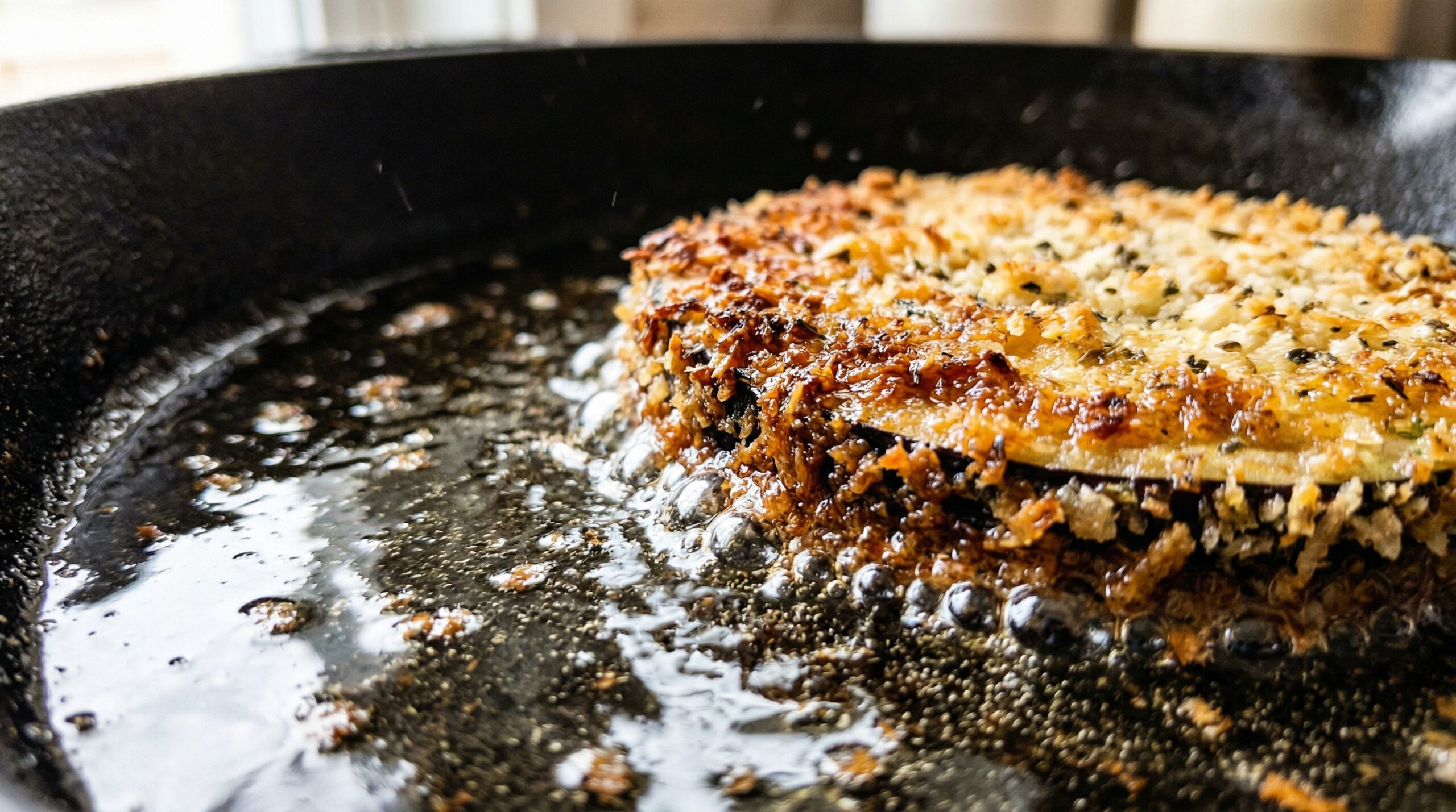Macro detail of a breaded eggplant round actively pan-frying in a shimmering pool of hot oil with a golden brown crust forming
