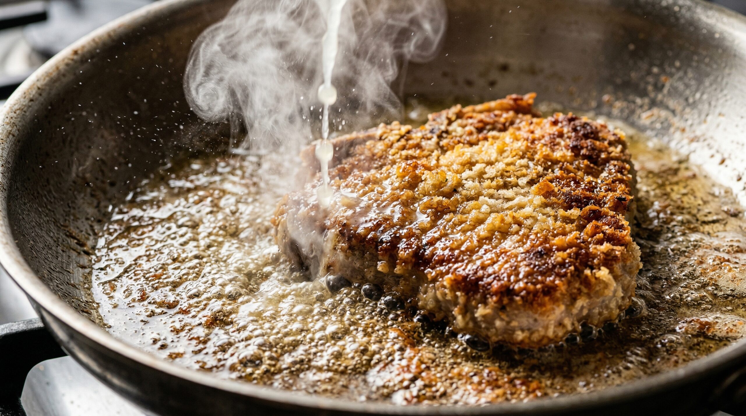 Macro detail of a breaded veal chop pan-frying in bubbling hot olive oil and melted butter inside a stainless steel skillet
