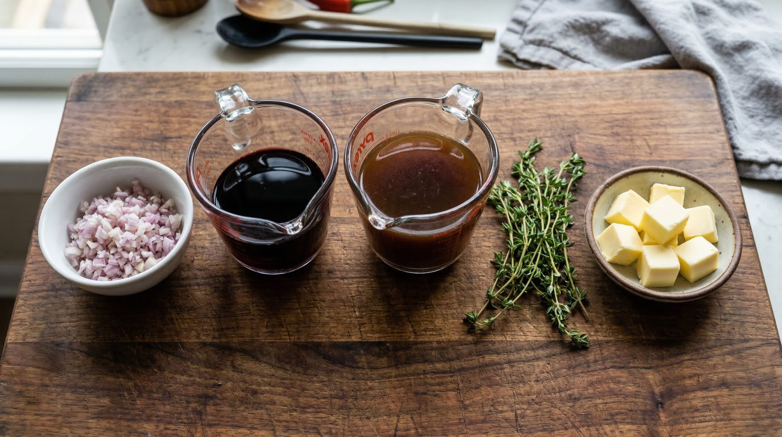 Pan sauce prep ingredients on a heavy wooden cutting board including finely minced shallots, dry red wine, beef stock, fresh thyme sprigs, and cubed cold butter
