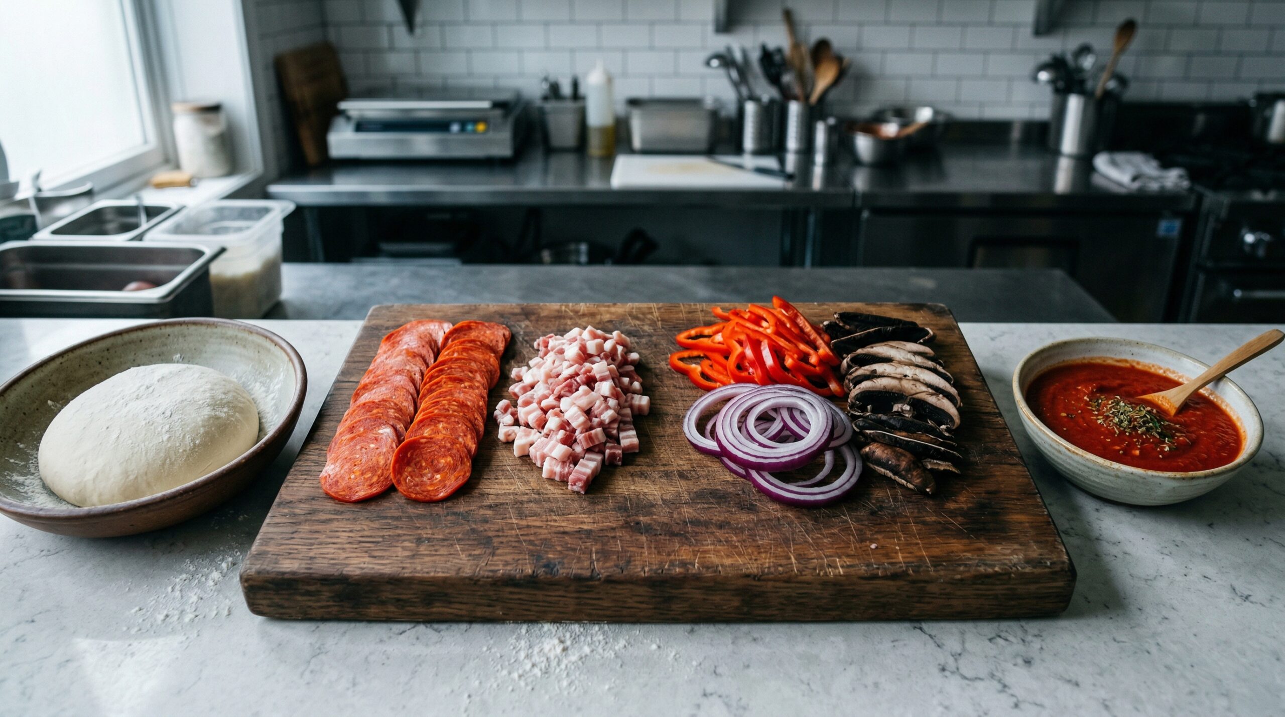 Bright red pepperoni slices and raw, diced pancetta resting next to thinly sliced bell peppers, red onions, and deeply dark baby Portobello mushrooms on a wooden board