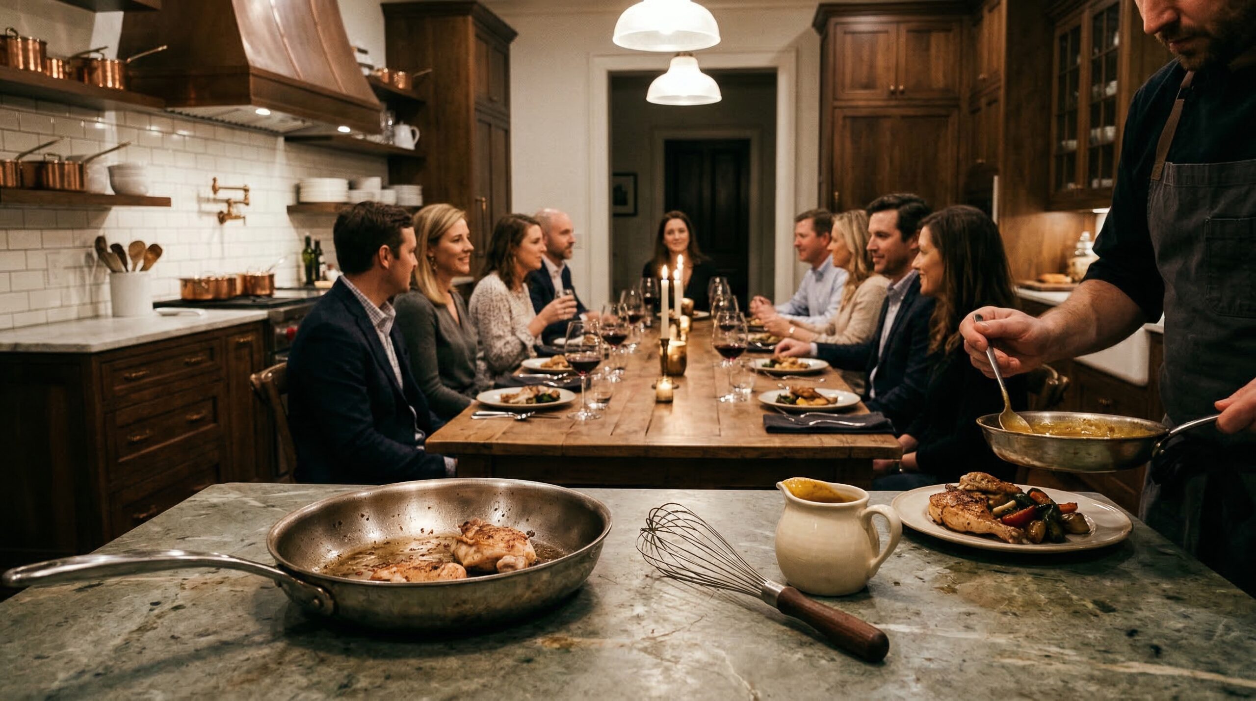 Refined midweek estate dinner for eight featuring seared chicken with a glossy reduction sauce