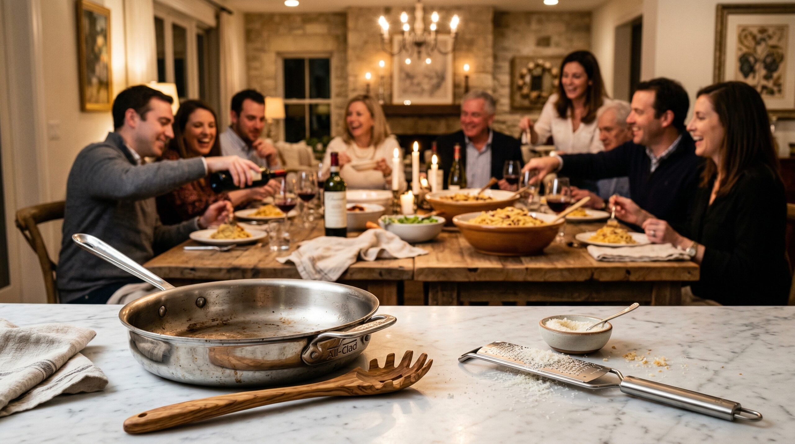 A heavy stainless steel skillet and microplane grater in sharp focus in the foreground, with an elegant dining room gathering blurred in the background