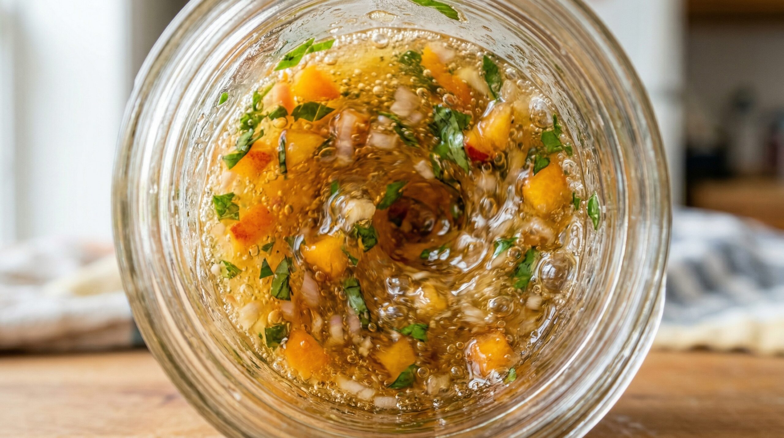Macro detail of golden olive oil and white balsamic swirling with diced peaches and basil in a glass jar