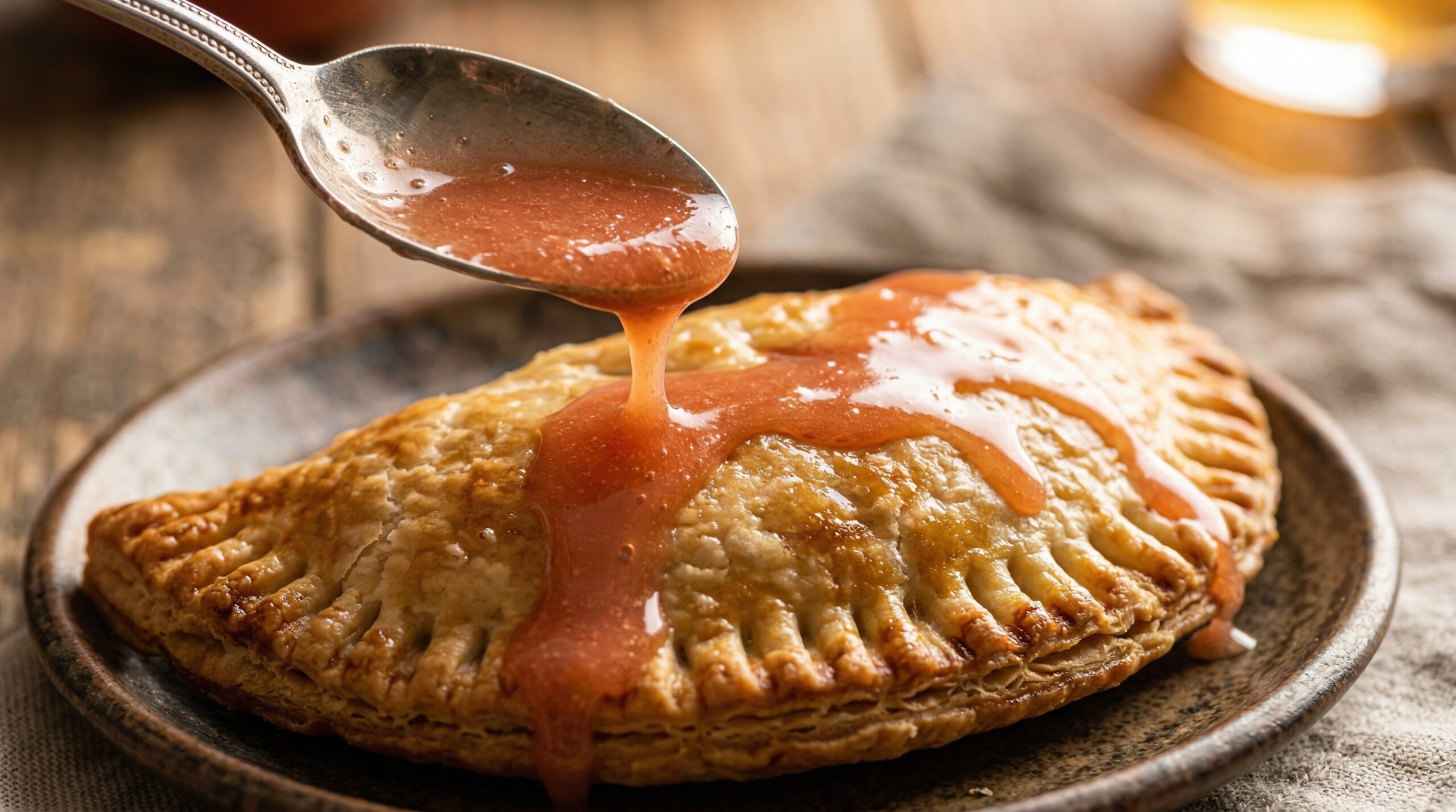 Macro detail of a glossy peach glaze being drizzled over a crystalline golden empanada crust
