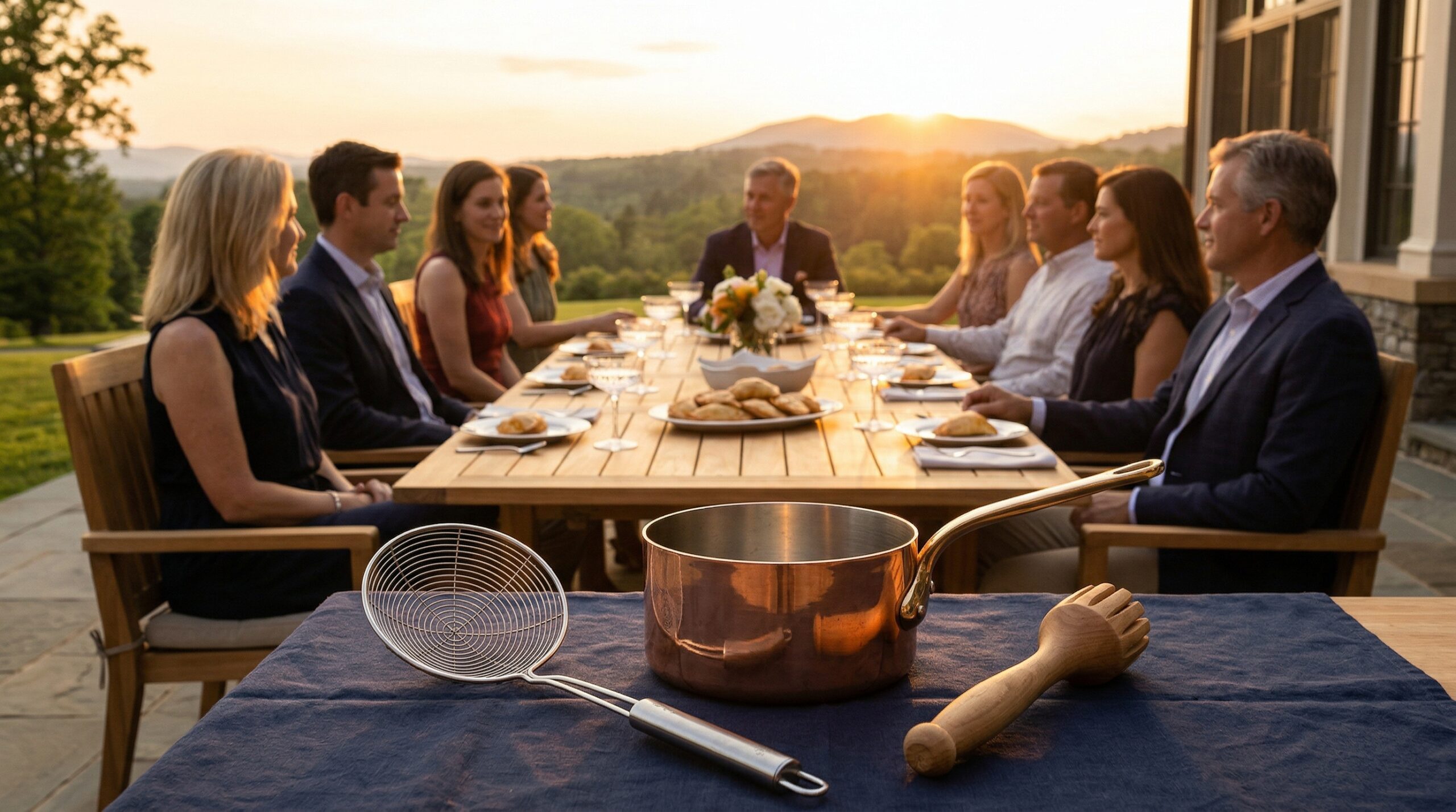 Elegant sunset estate terrace dessert service for eight featuring peach empanadas and crystal coupes