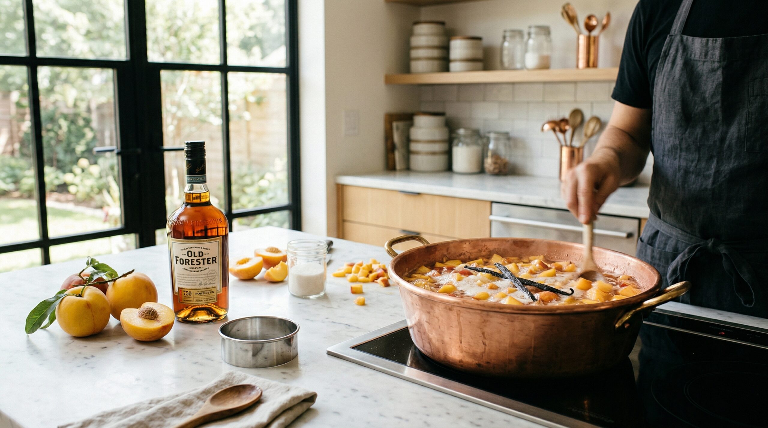 Technical preparation of fresh peach preserves with bourbon and vanilla bean on a marble station