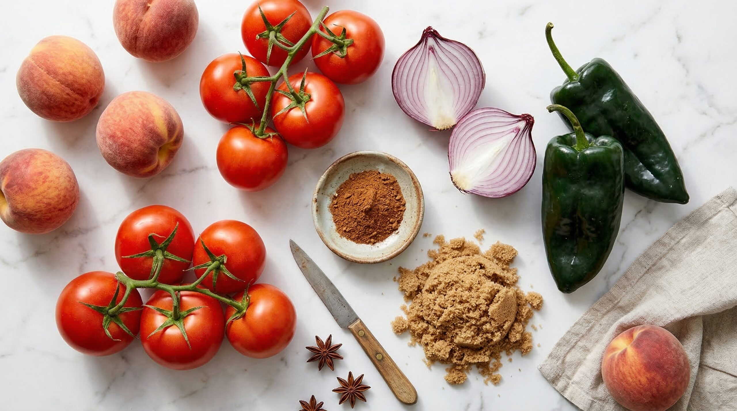 Chutney prep featuring fresh peaches, tomatoes, red onion, and Chinese Five Spice