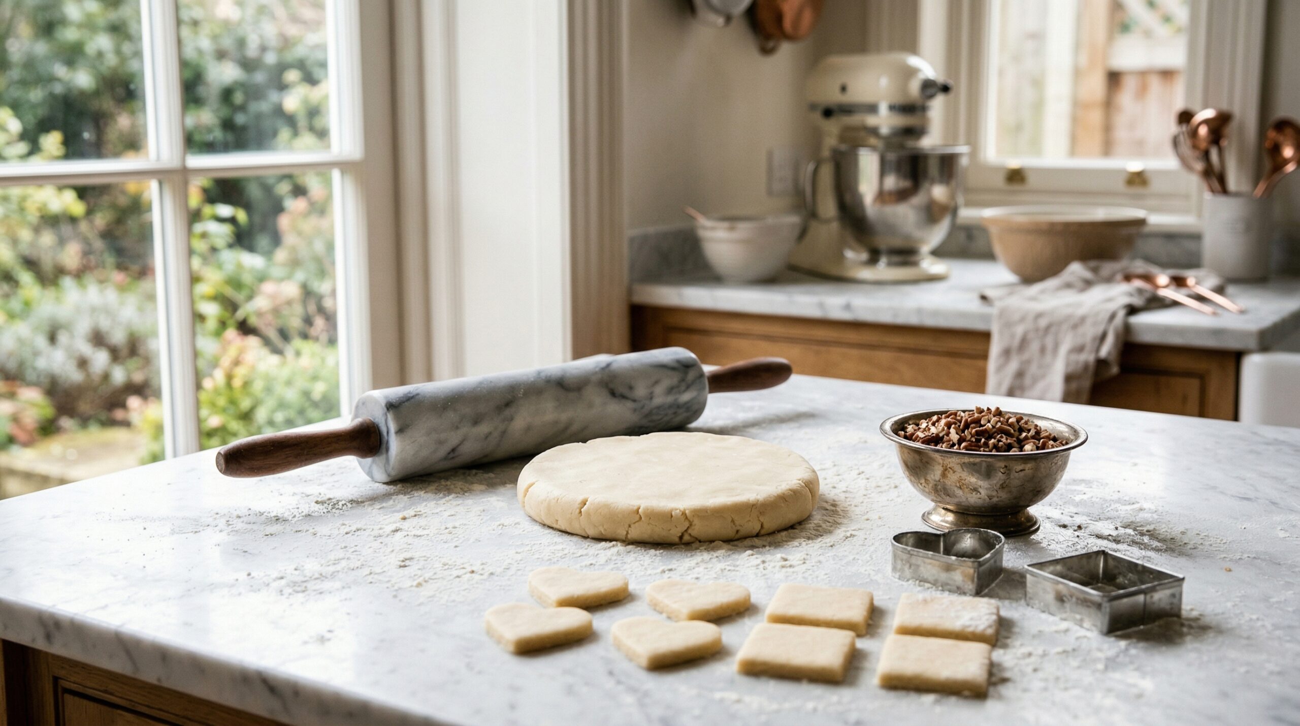 Technical preparation of shortbread dough with a marble rolling pin and finely chopped pecans