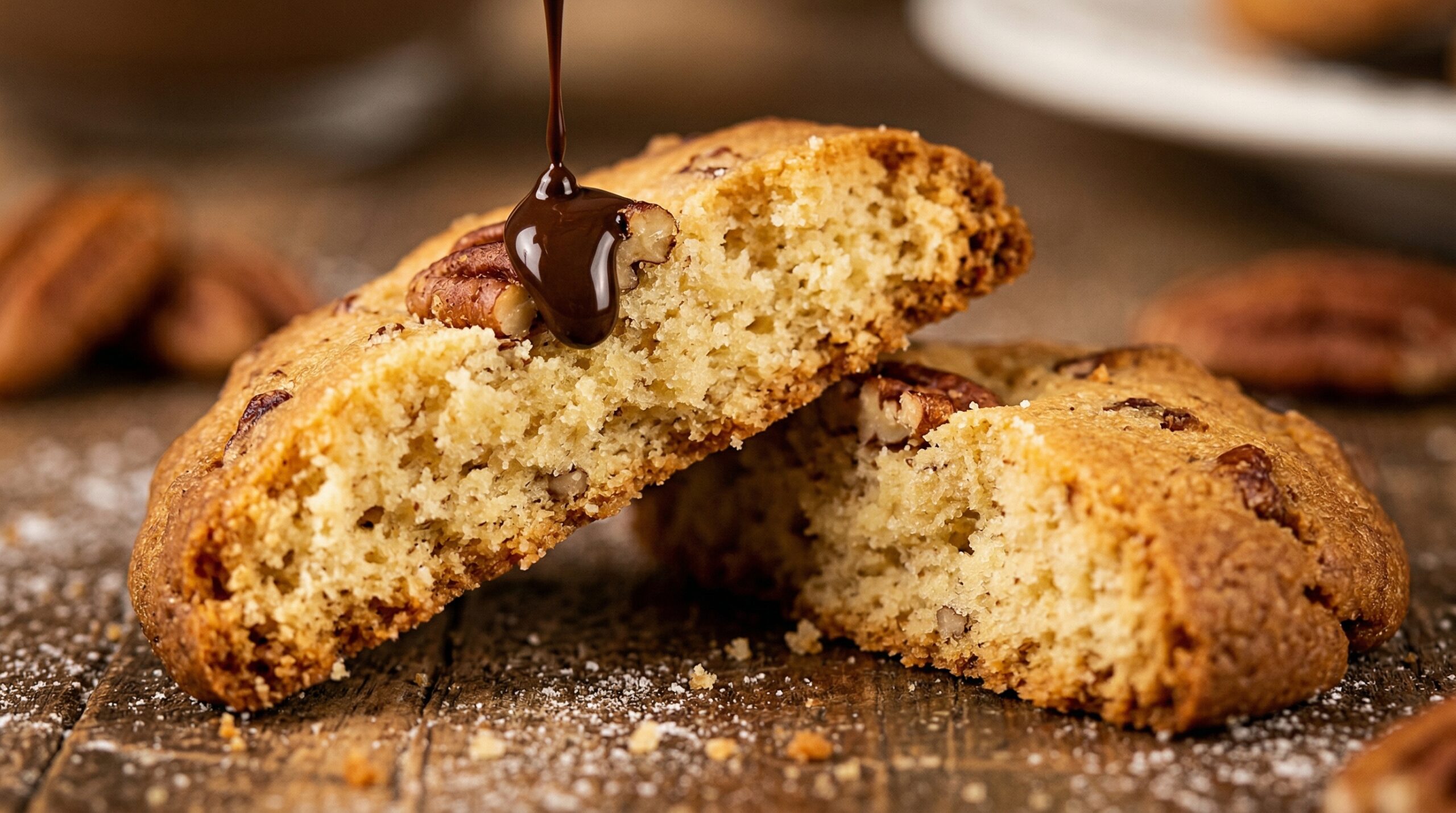 Macro detail of a broken pecan shortbread cookie revealing a tender crumb and dark chocolate drizzle