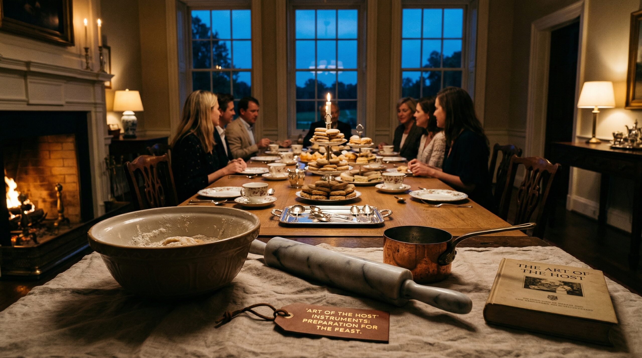 Intimate evening tea service for eight featuring shaped shortbread cookies and warm amber light