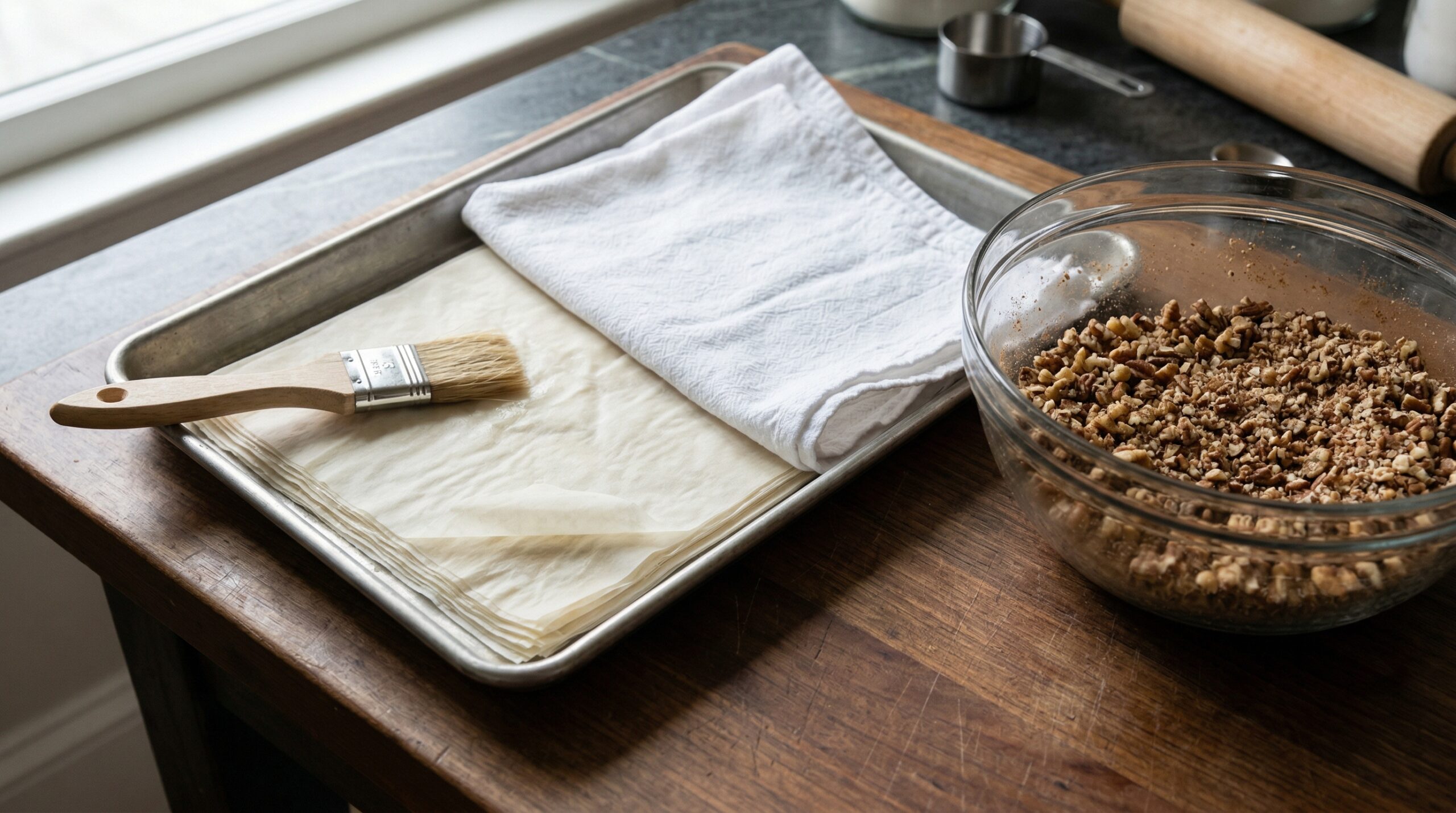 A professional pastry brush resting on translucent phyllo dough sheets next to crushed pecans and walnuts