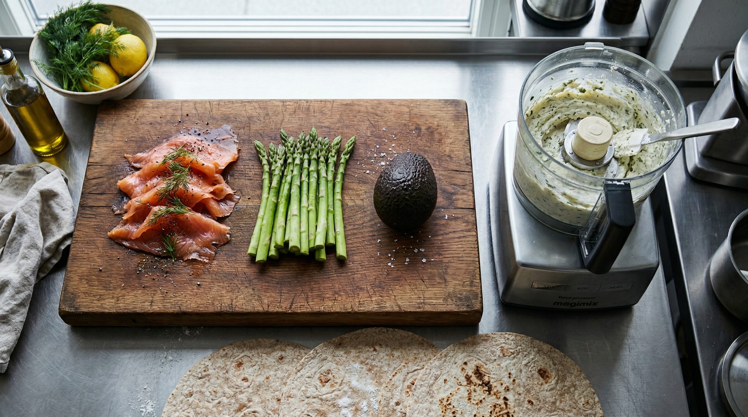 Slices of dark pink smoked salmon, crisp green asparagus spears, and a peeled avocado resting next to a heavy food processor bowl filled with a thick cream cheese emulsion