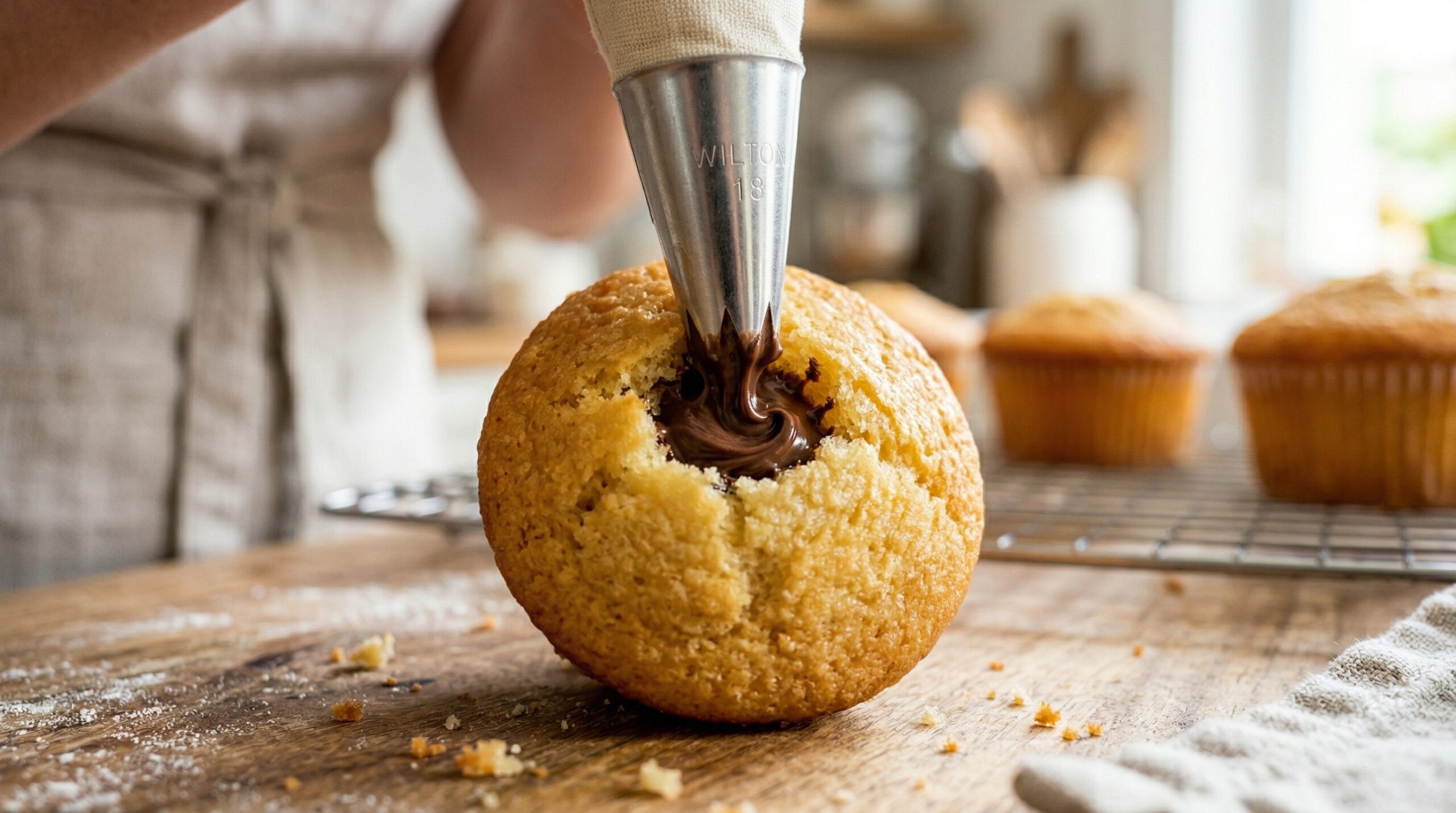 Macro detail of a silver metal piping tip injecting thick, glossy dark chocolate-hazelnut spread into the cored center of a golden vanilla cupcake