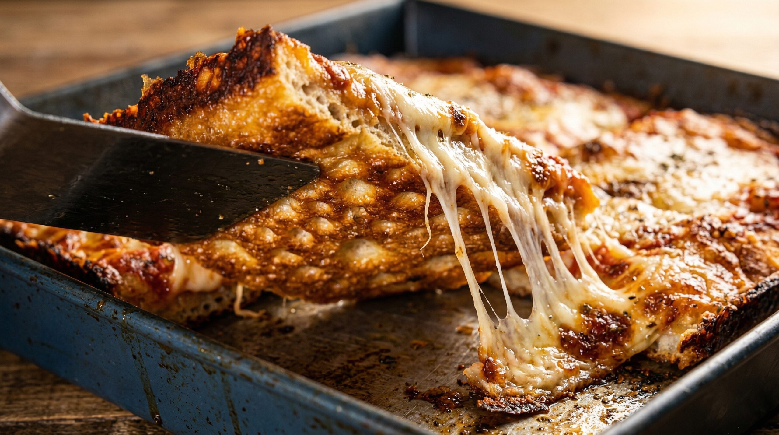 Macro detail of a shattered golden pizza crust meeting molten mozzarella cheese