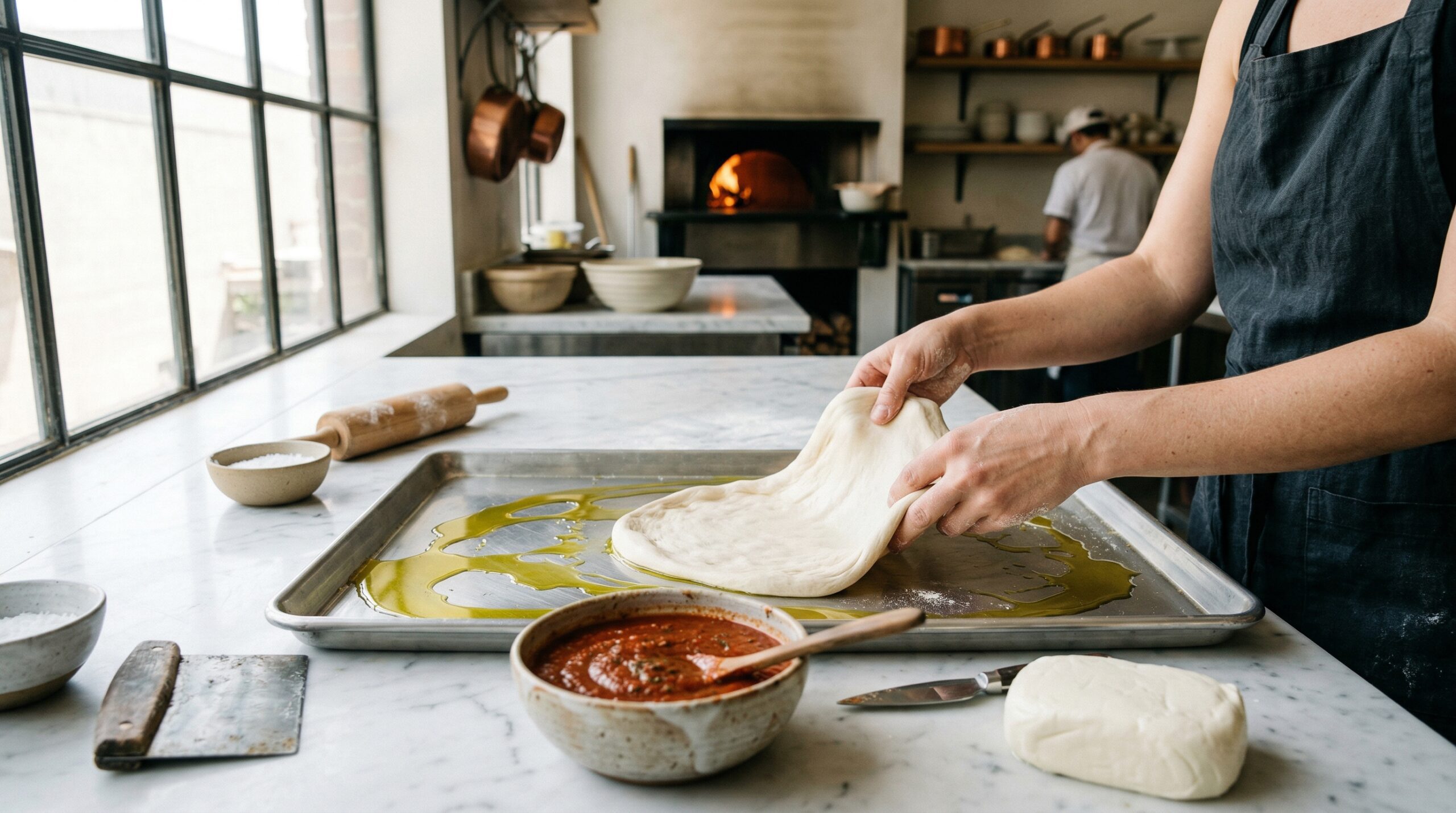 Technical preparation of fresh pizza dough being stretched on an olive-oil glistening sheet pan