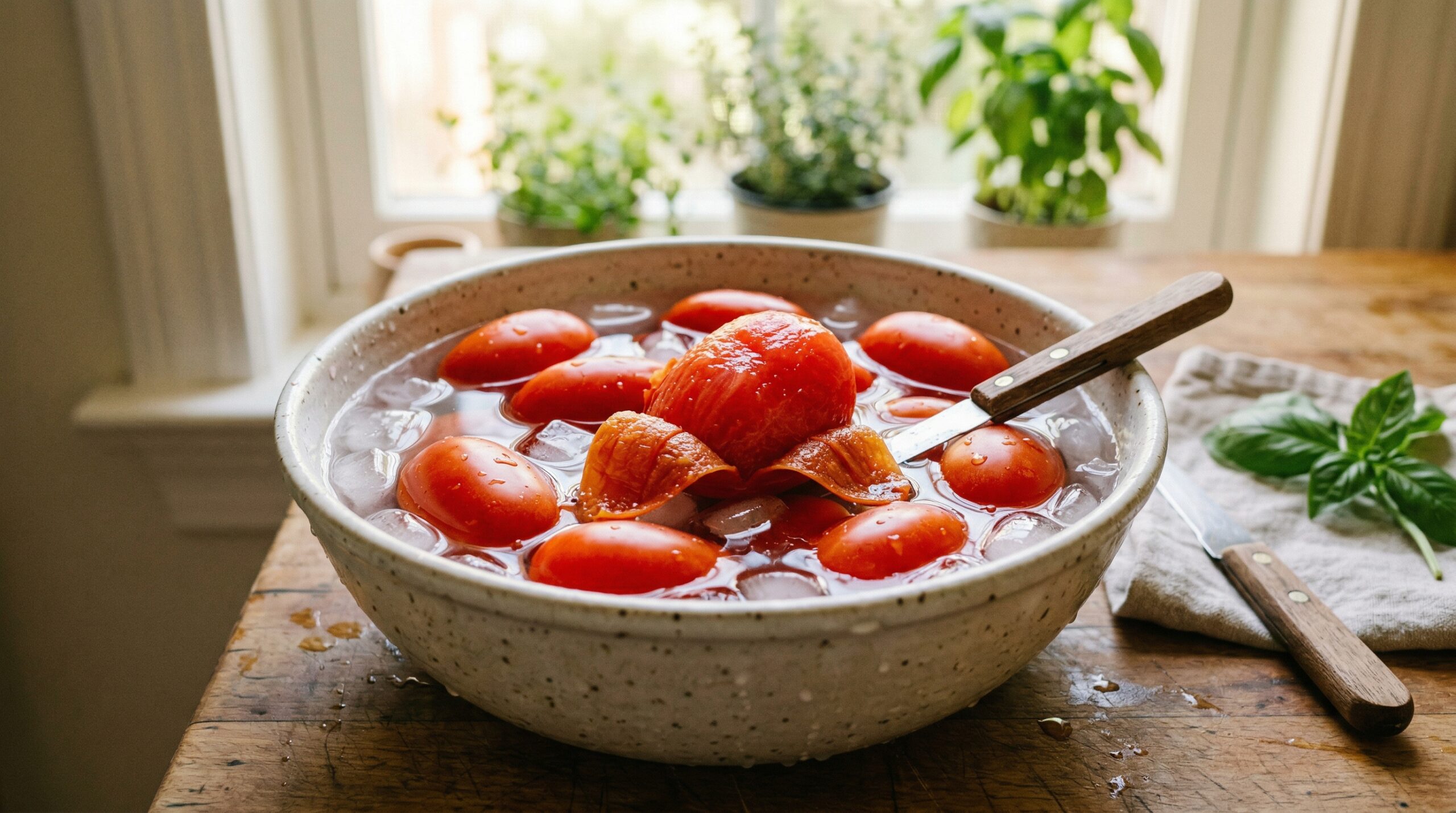Ripe plum tomatoes resting in a crystal-clear ice water bath