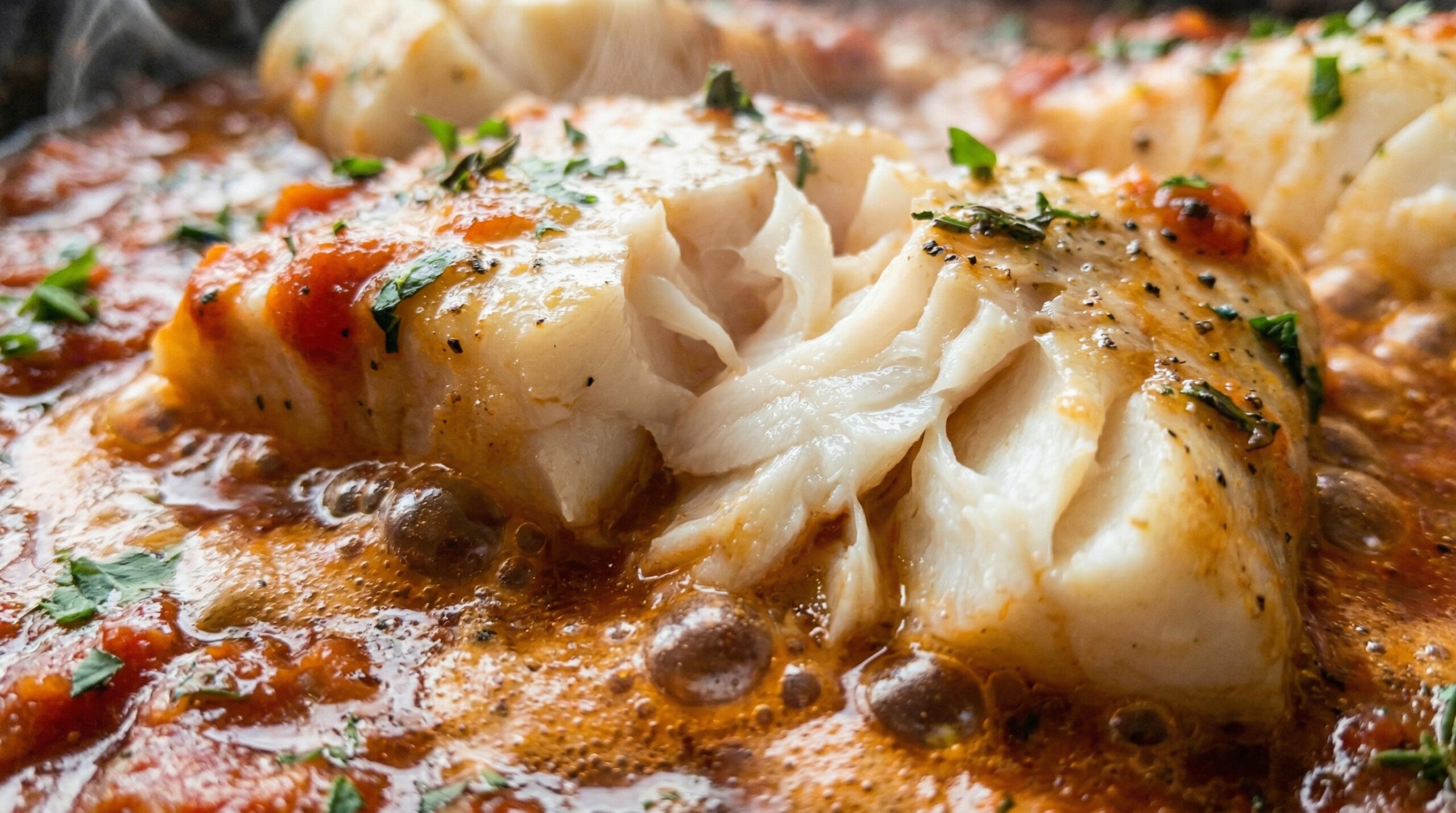 Macro detail of thick white cod fillets actively simmering and gently flaking in a bubbling, rich red tomato and wine sauce inside a heavy cast-iron skillet