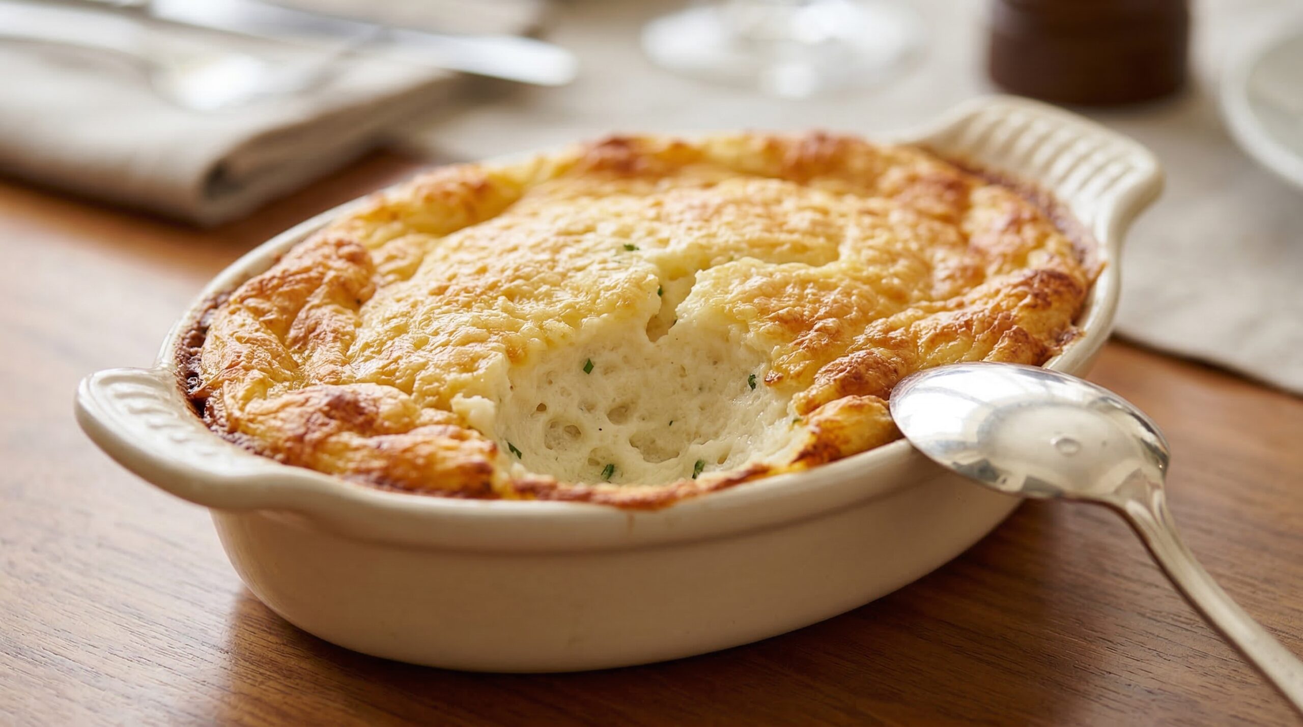 Close-up of Pommes de Terre Chantilly baked in a small ceramic dish