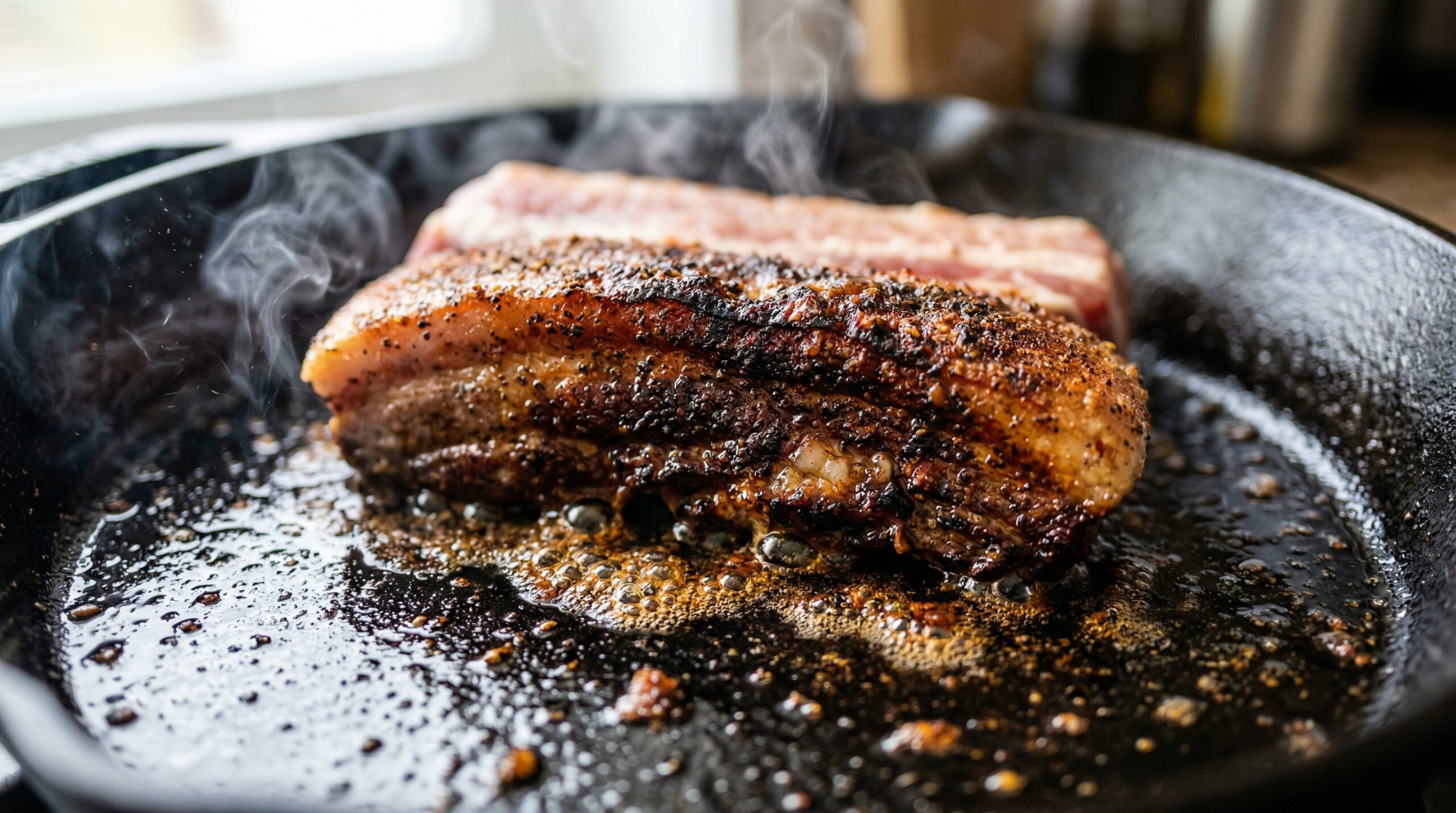 Macro detail of a thick slab of spice-rubbed pork belly searing aggressively in a hot cast-iron Dutch oven with rendered fat bubbling around the edges