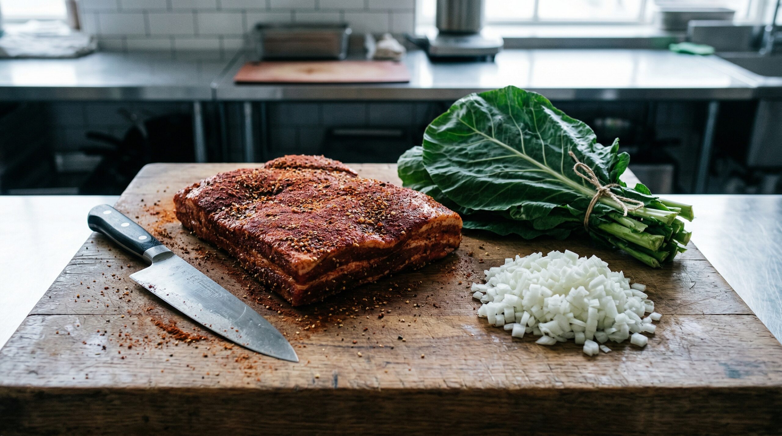 A thick slab of raw pork belly heavily dusted with a deep red spice rub next to fresh bundles of bright green collard greens